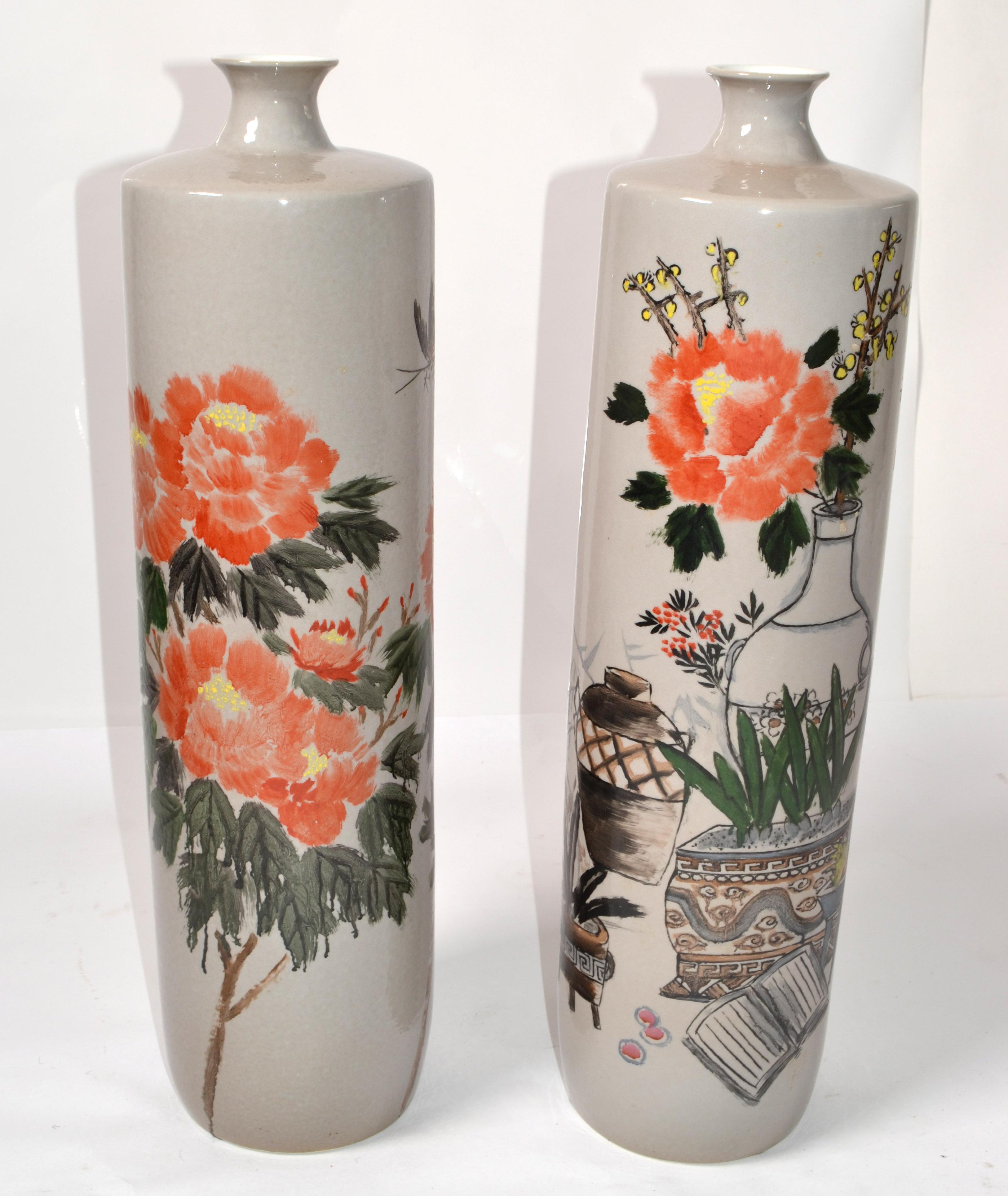 Set 2 Chinoiserie Gray Orange Green Hand-Painted Japanese Decor Floor Vases 1979 For Sale 5