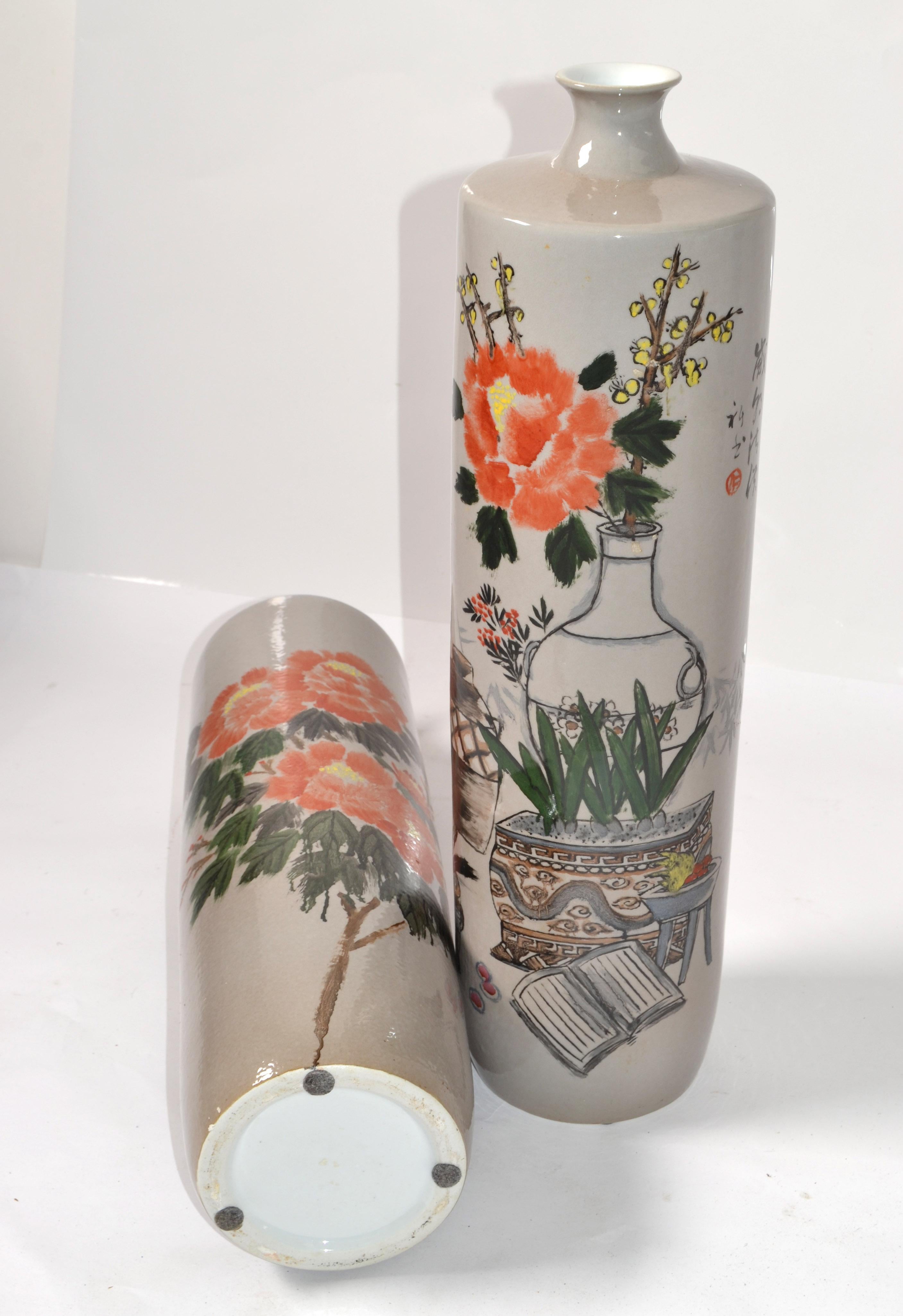 Set 2 Chinoiserie Gray Orange Green Hand-Painted Japanese Decor Floor Vases 1979 For Sale 6