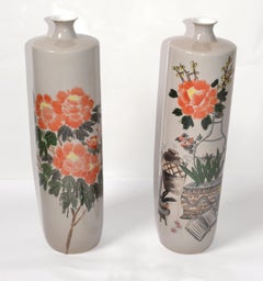 Set 2 Chinoiserie Gray Orange Green Hand-Painted Japanese Decor Floor Vases 1979