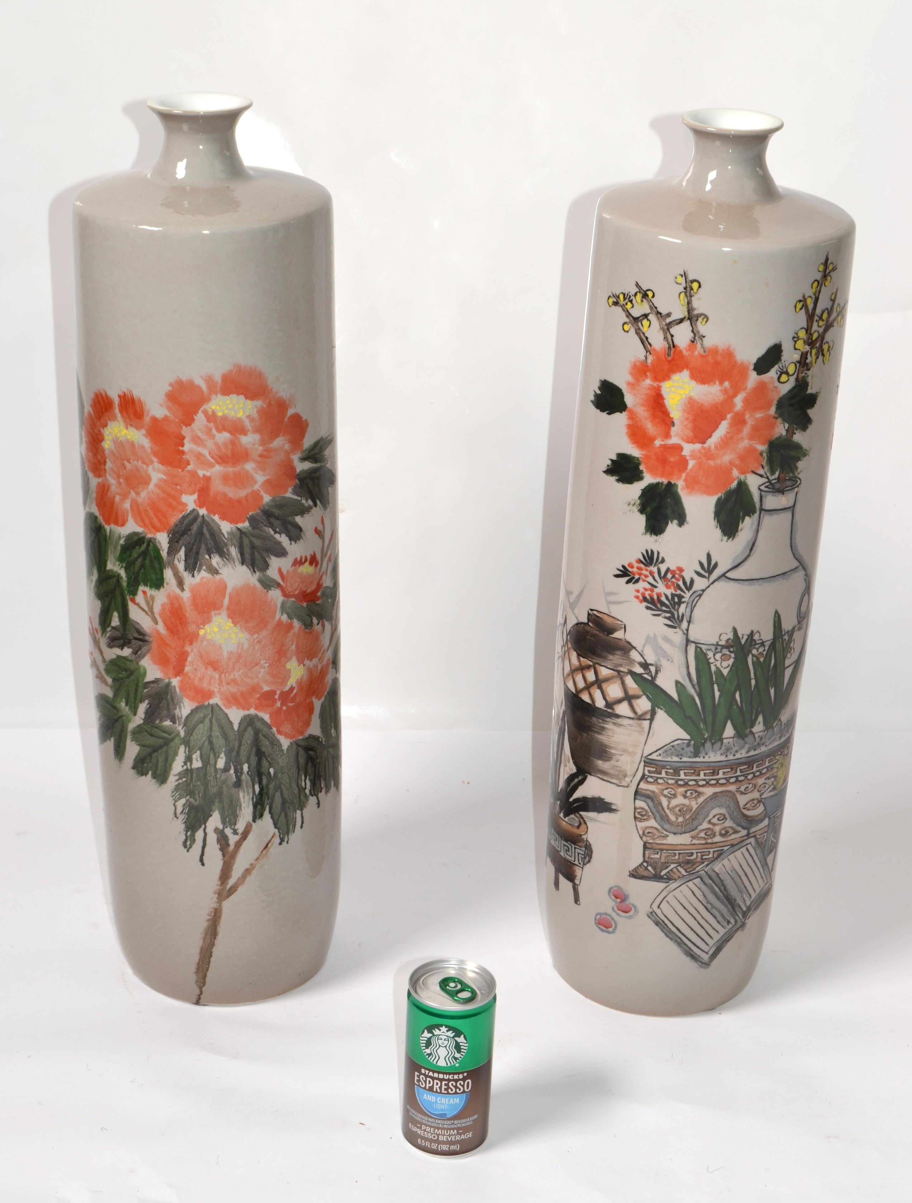 Hand-Crafted Set 2 Chinoiserie Gray Orange Green Hand-Painted Japanese Decor Floor Vases 1979 For Sale