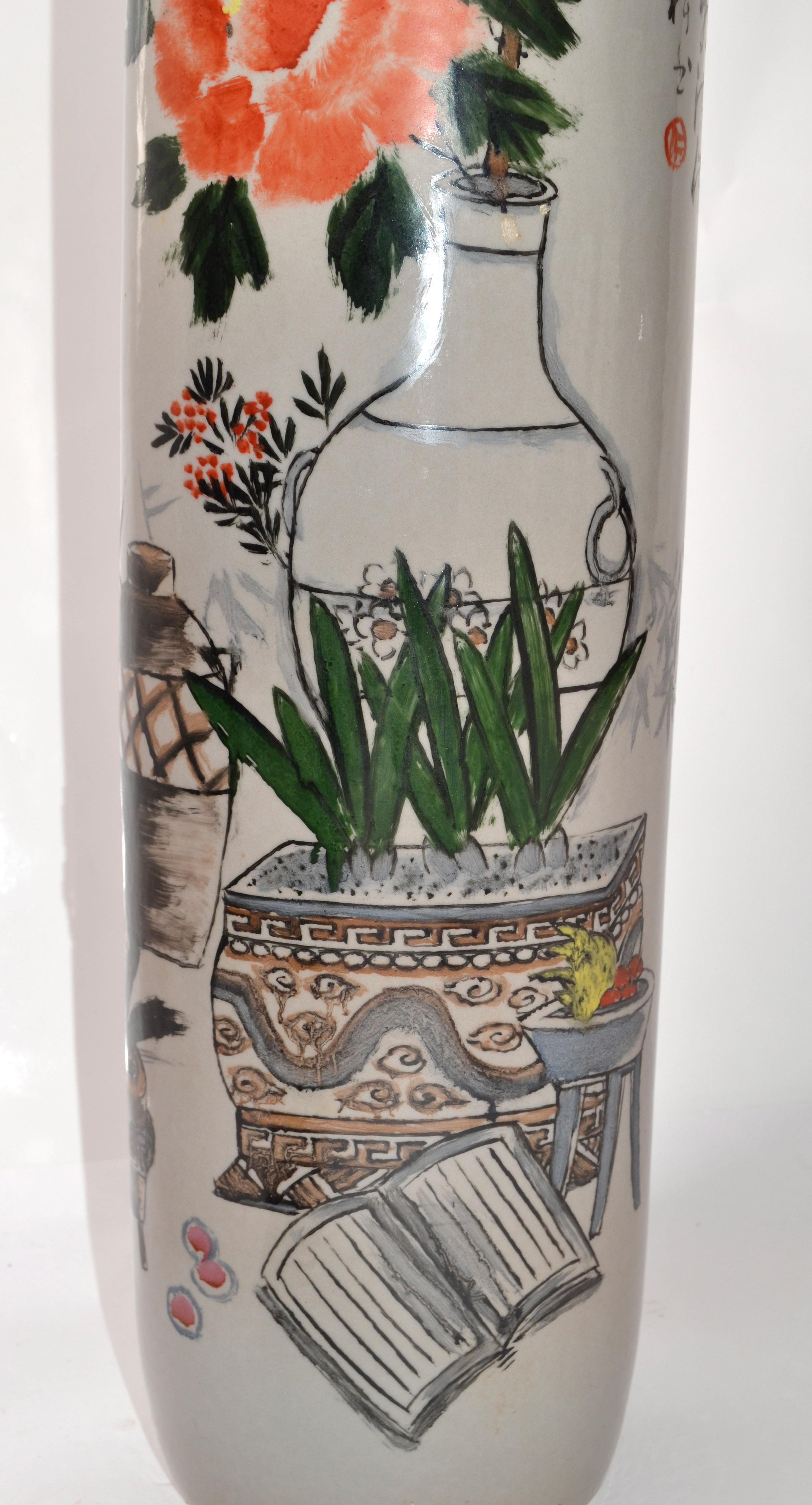Late 20th Century Set 2 Chinoiserie Gray Orange Green Hand-Painted Japanese Decor Floor Vases 1979 For Sale