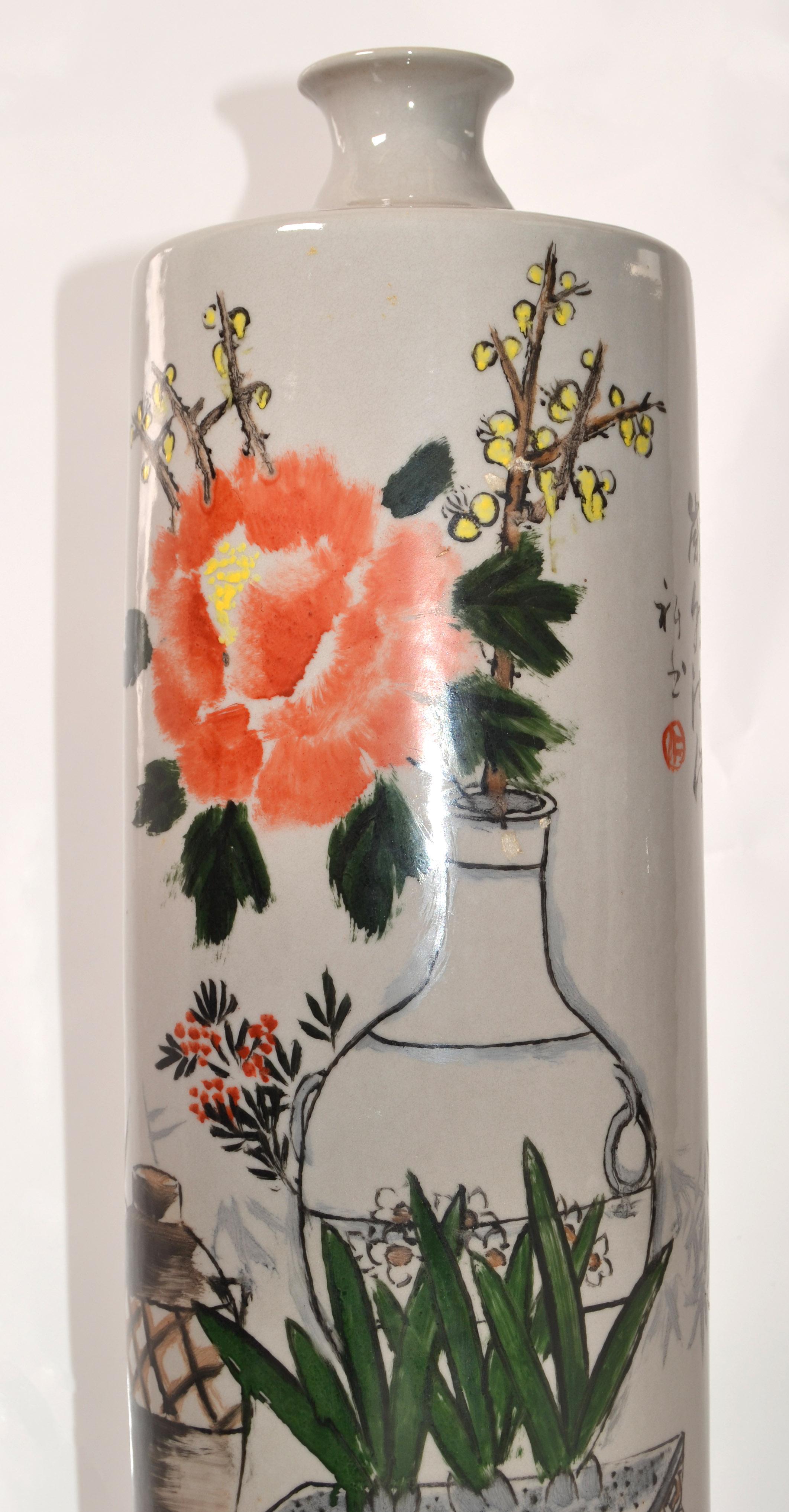 Late 20th Century Set 2 Chinoiserie Gray Orange Green Hand-Painted Japanese Decor Floor Vases 1979 For Sale