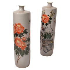 Set 2 Chinoiserie Gray Orange Green Hand-Painted Japanese Decor Floor Vases 1979