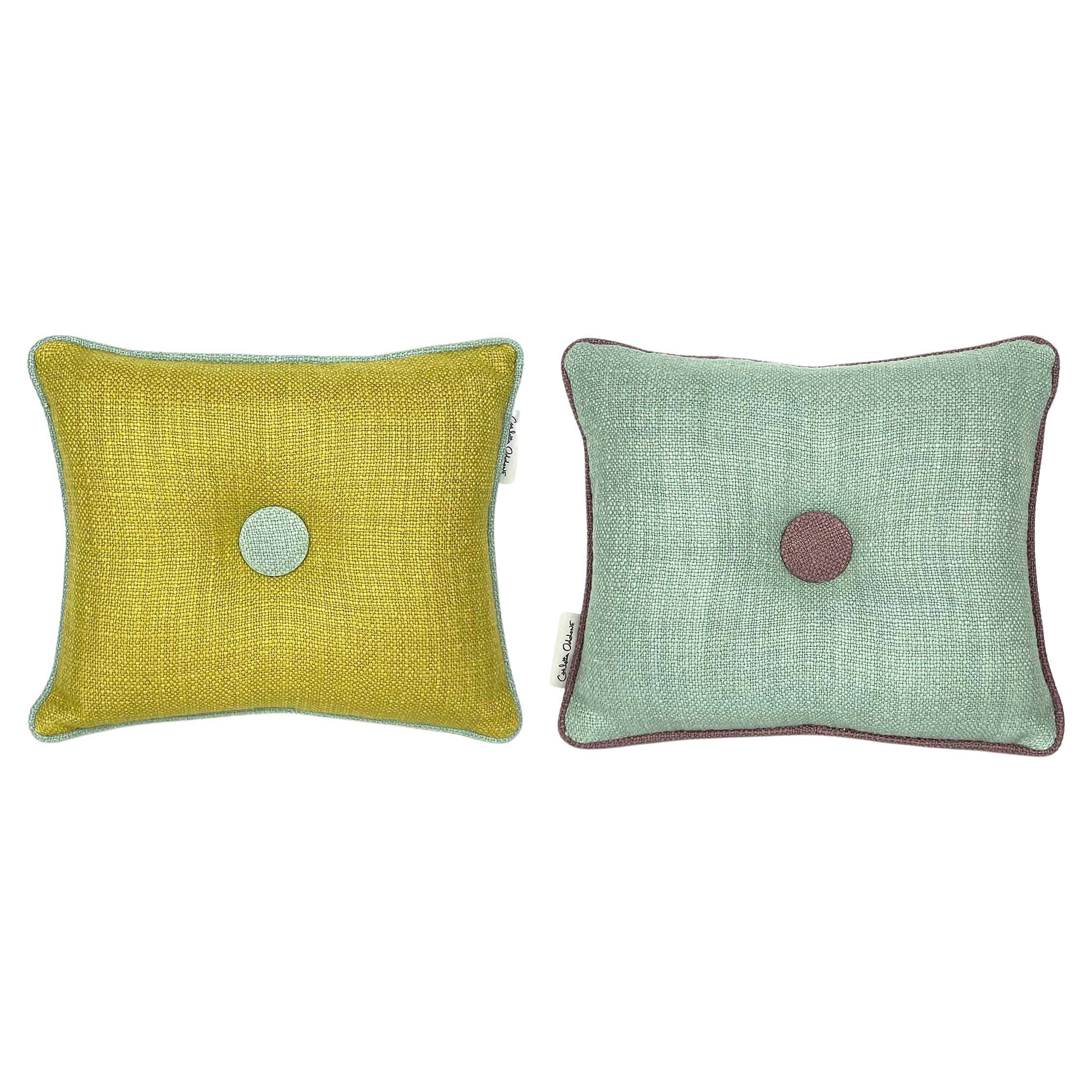 Set 2 cuscini in lino lime e acquamarina con bottone