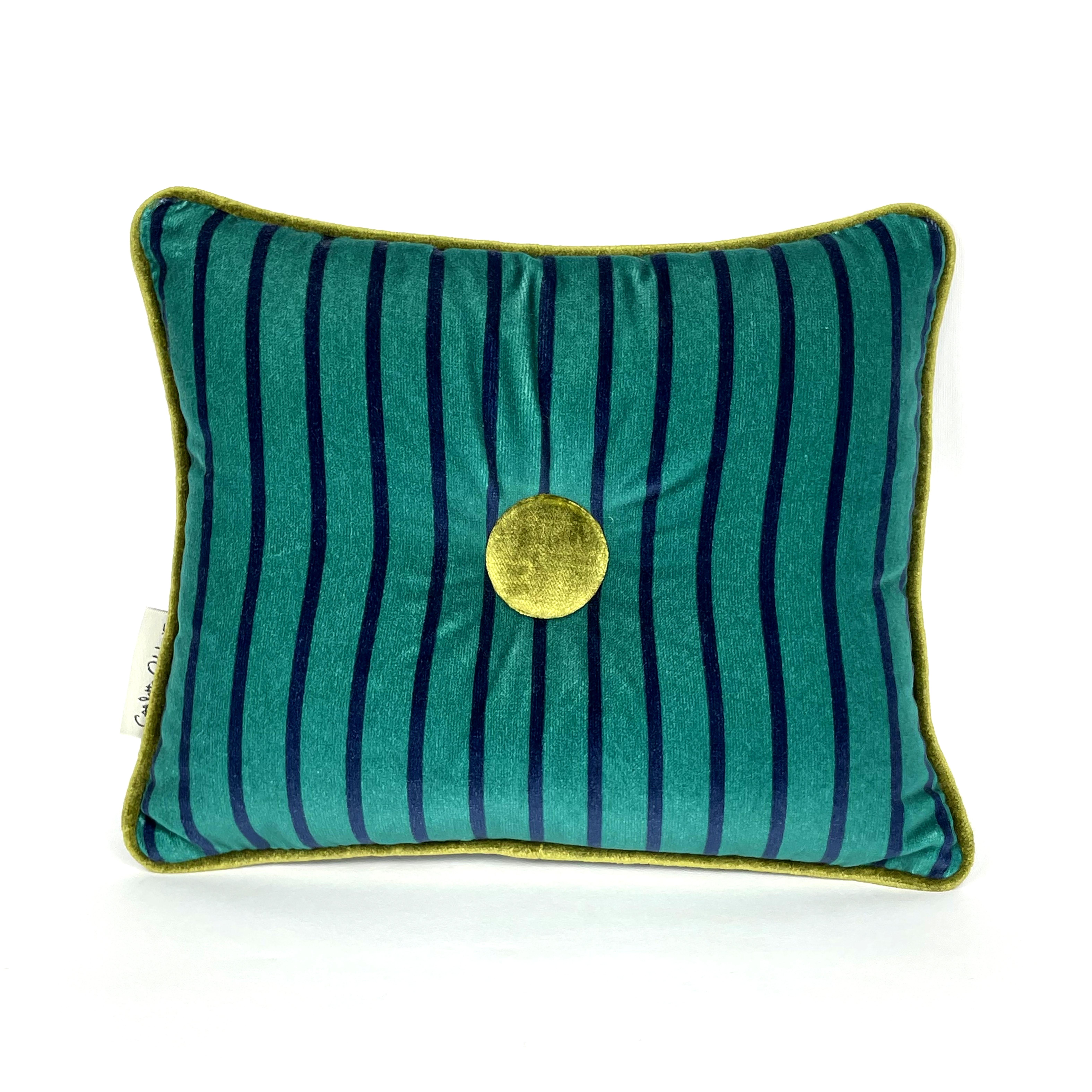 Italian Set 2 cuscini in velluto a righe blu, petrolio e azzurro con bottone in vendita