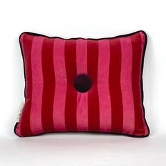 Set of 2 burgundy, orange, fuchsia striped velvet pillows with button