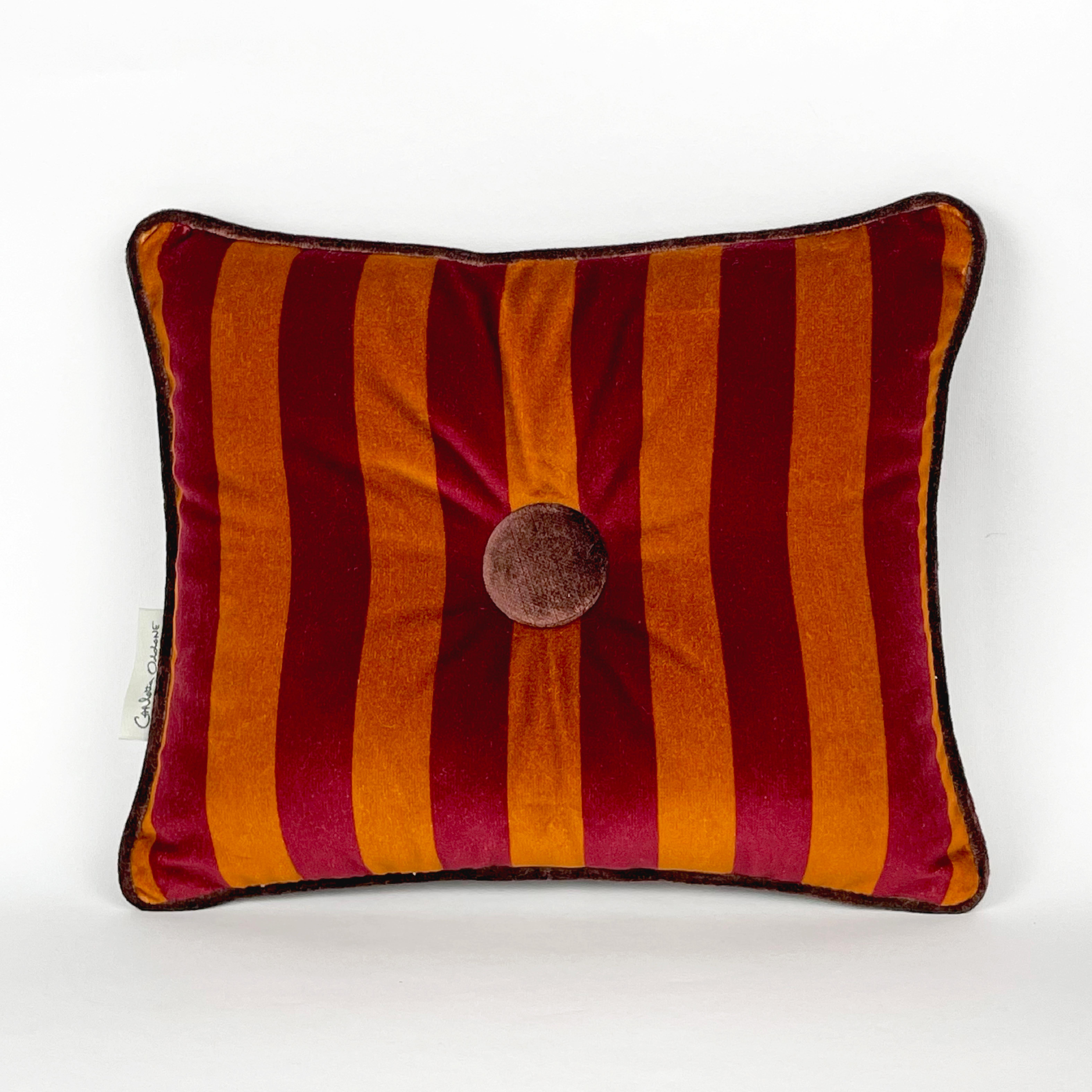 Italian Set 2 cuscini in velluto a righe borgogna, arancio, fucsia con bottone in vendita