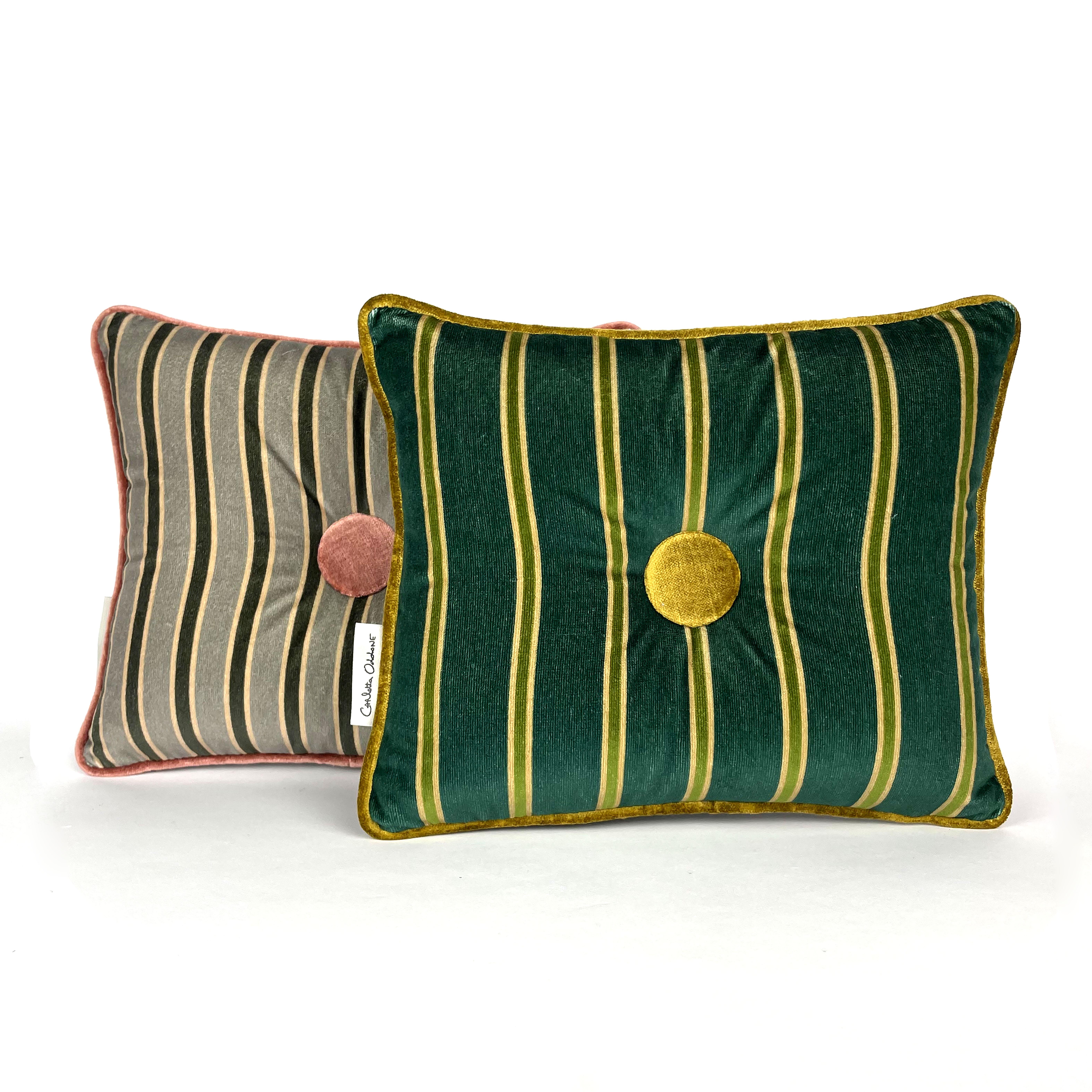 Ensemble de coussins en velours rayé vert, or et grège avec bouton Neuf - En vente à Torino, IT