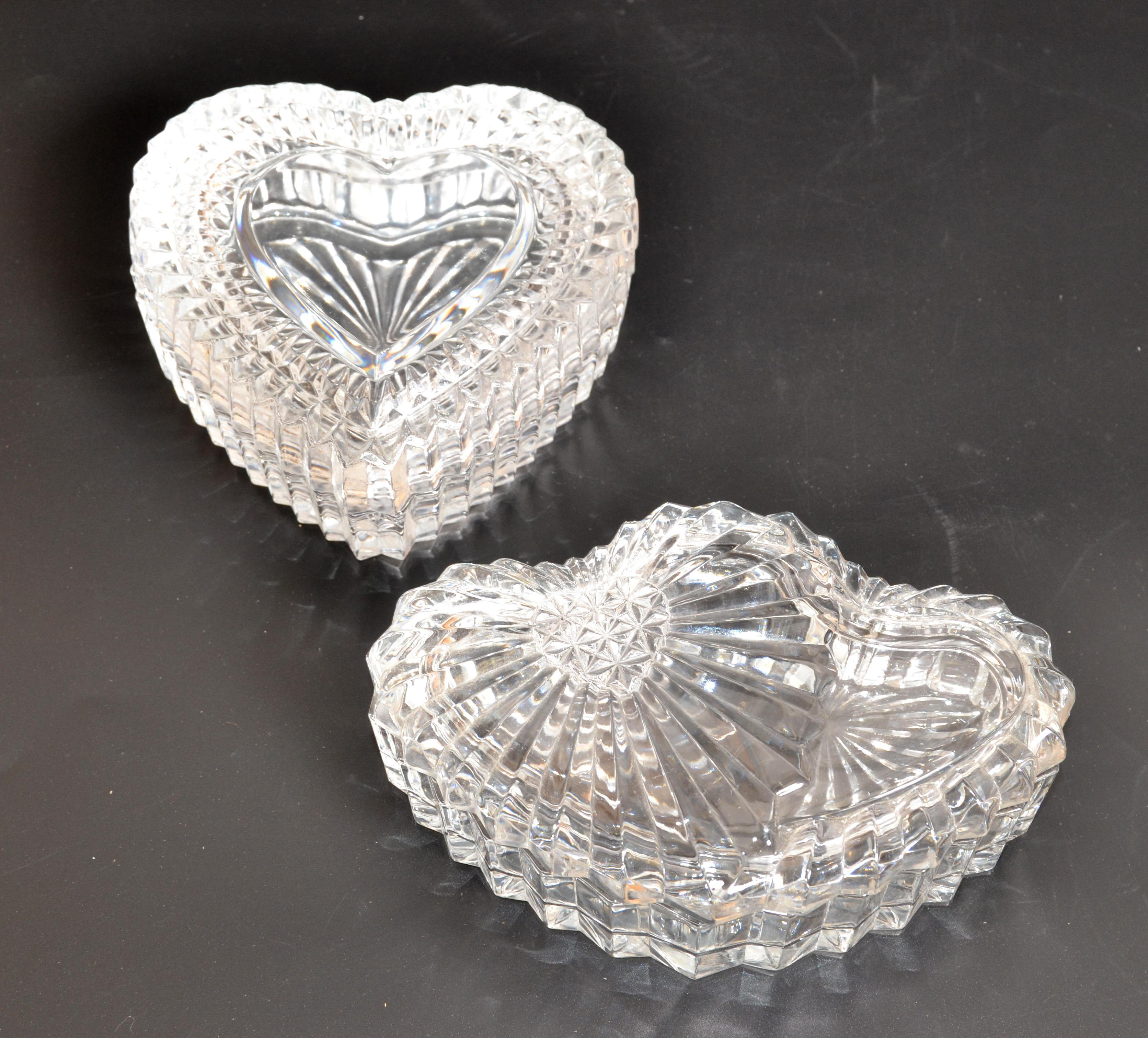 Set 2 Cut & Beveled Glass Heart Shaped Candy Dish Jewelry Trinket Keepsake Box For Sale 1