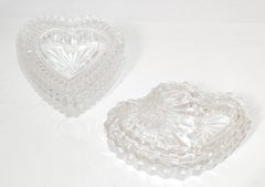 Set 2 Cut & Beveled Glass Heart Shaped Candy Dish Jewelry Trinket Keepsake Box