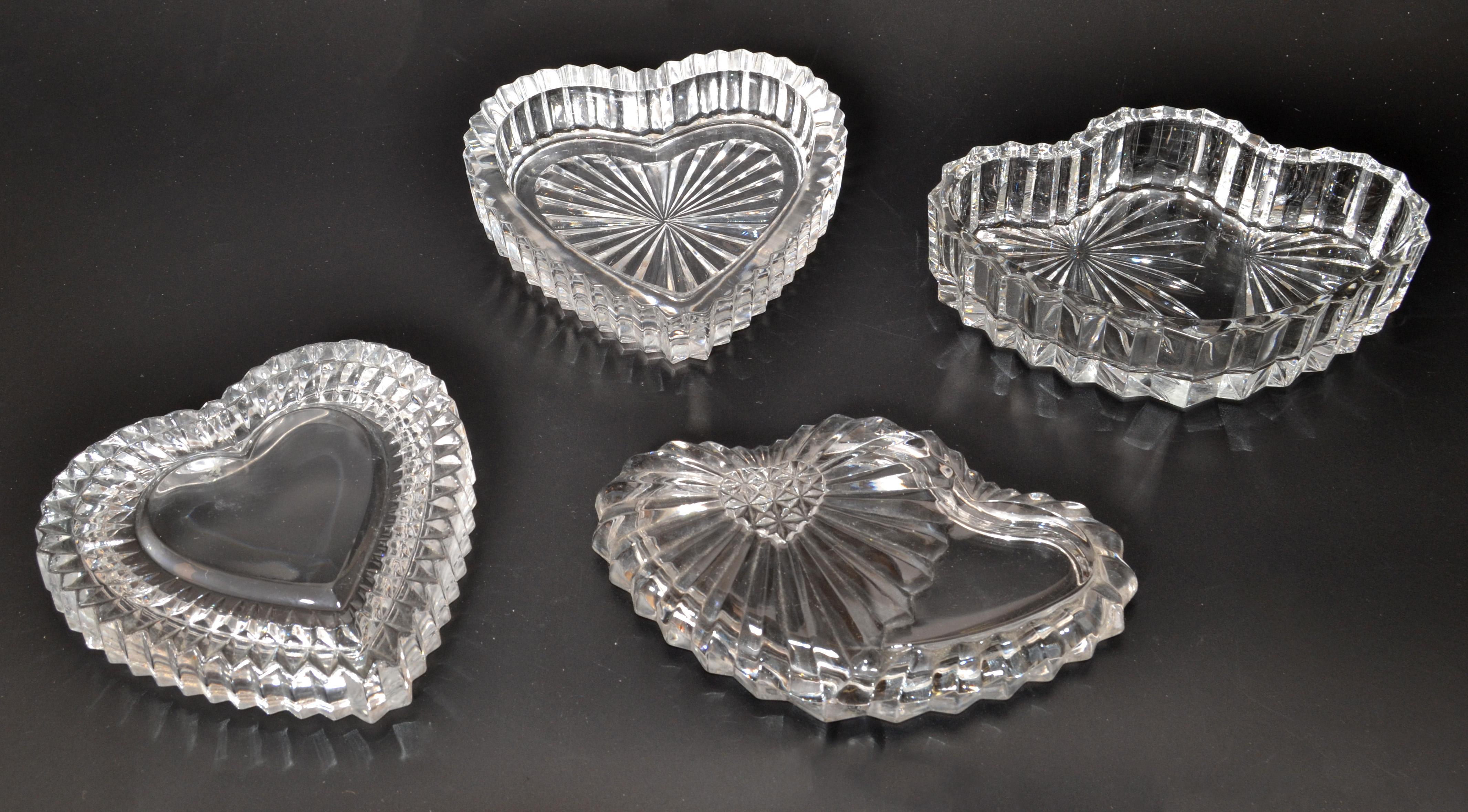 Victorian Set 2 Cut & Beveled Glass Heart Shaped Candy Dish Jewelry Trinket Keepsake Box For Sale