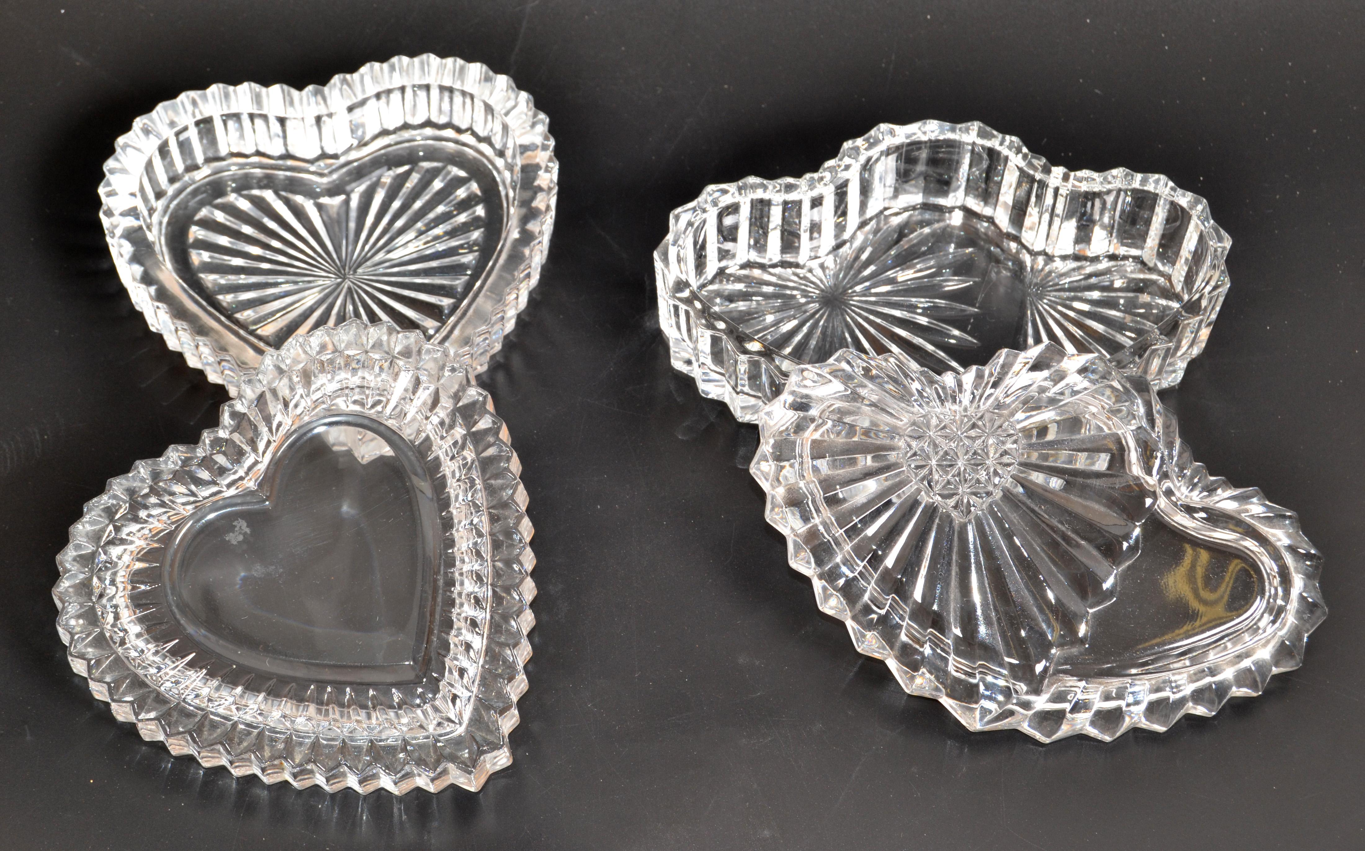 Cut Glass Set 2 Cut & Beveled Glass Heart Shaped Candy Dish Jewelry Trinket Keepsake Box For Sale