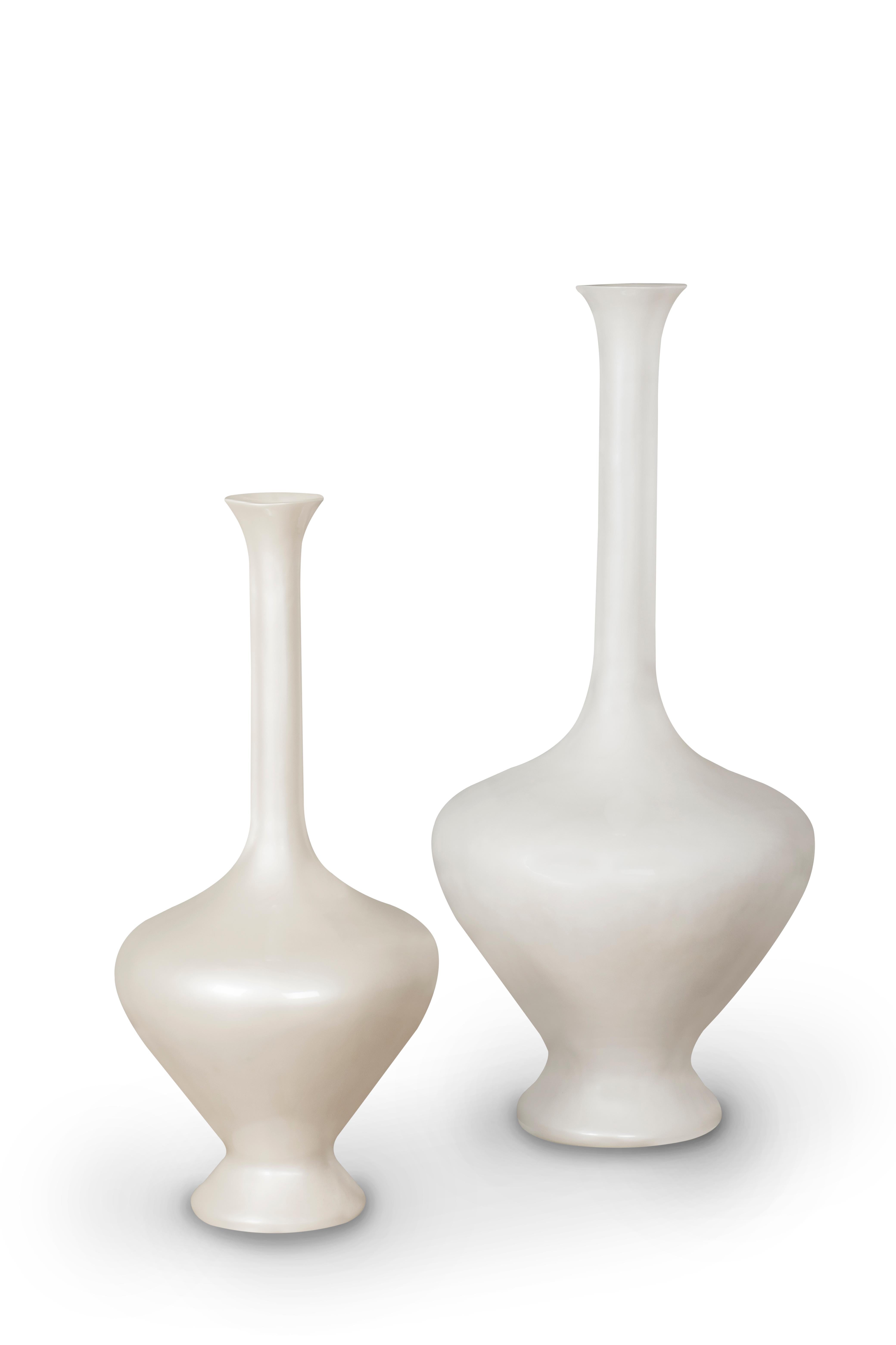 Portuguese Set/2 Decorative Floor Vases, Pearl White, Handmade by Lusitanus Home For Sale
