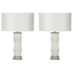 Set/2 Modern Table Lamps, Ceramic, Silk Lampshade, Handmade Portugal, Greenapple