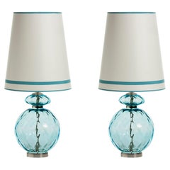 Set/2 Modern Table Lamps, Glass Base, Cotton Lampshade, Handmade by Greenapple