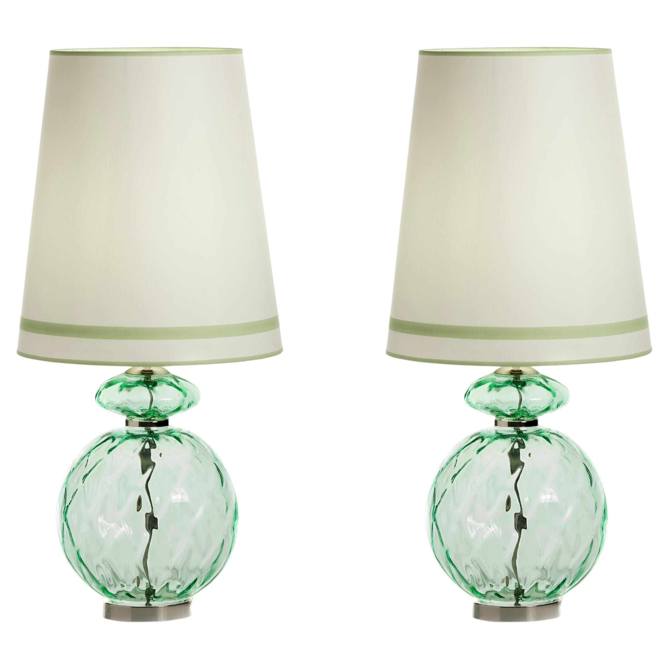 Set/2 Modern Table Lamps, Glass Base, Cotton Lampshade, Handmade by