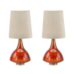 Set/2 Modern Table Lamps, Glass Base, Satin Lampshade, Handmade by Greenapple