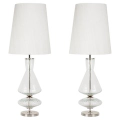Set/2 Moderne Tischlampen, Glasfuß, Lampenschirm aus Seide, handgefertigt von Greenapple