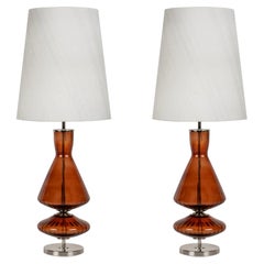 Set/2 lampade da tavolo moderne, base in vetro, paralume in seta, fatte a mano da Greenapple