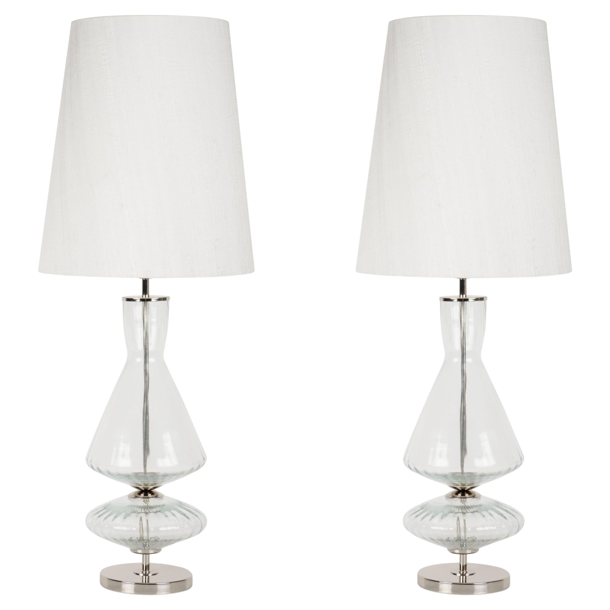 Set/2 lampes de table Modernity, base en verre, abat-jour en soie, fait à la main par Greenapple