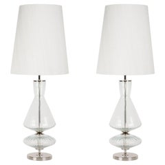 Set/2 Moderne Tischlampen, Glasfuß, Lampenschirm aus Seide, handgefertigt von Greenapple