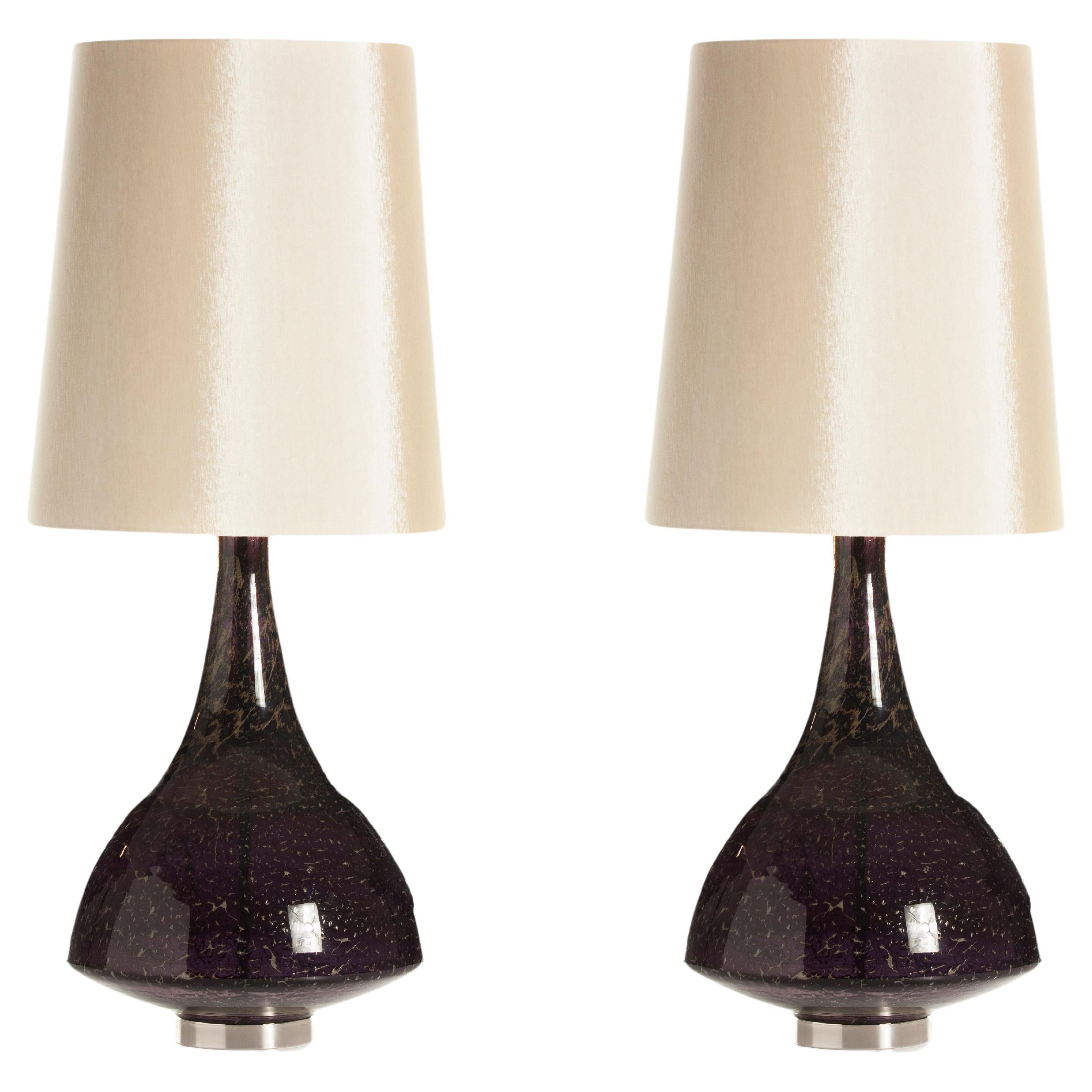 Set/2 Modern Table Lamps, Glass Base, Silk Lampshade, Handmade by Greenapple For Sale