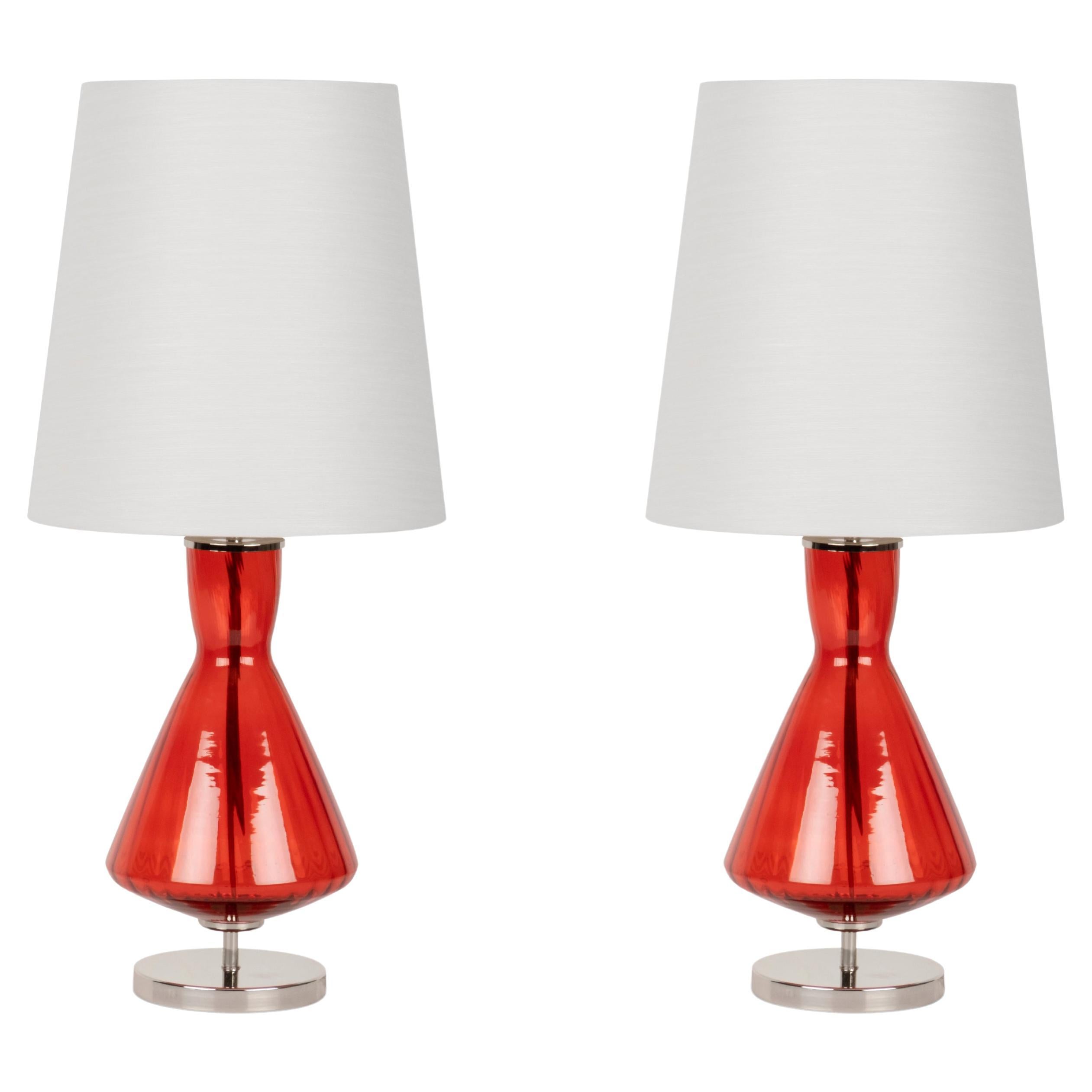 Set/2 lampade da tavolo moderne, base in vetro, paralume in seta, fatte a mano da Greenapple in vendita