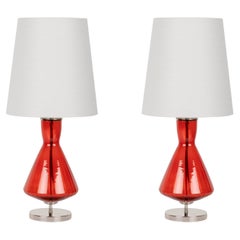 Set/2 Modern Table Lamps, Glass Base, Silk Lampshade, Handmade by Greenapple