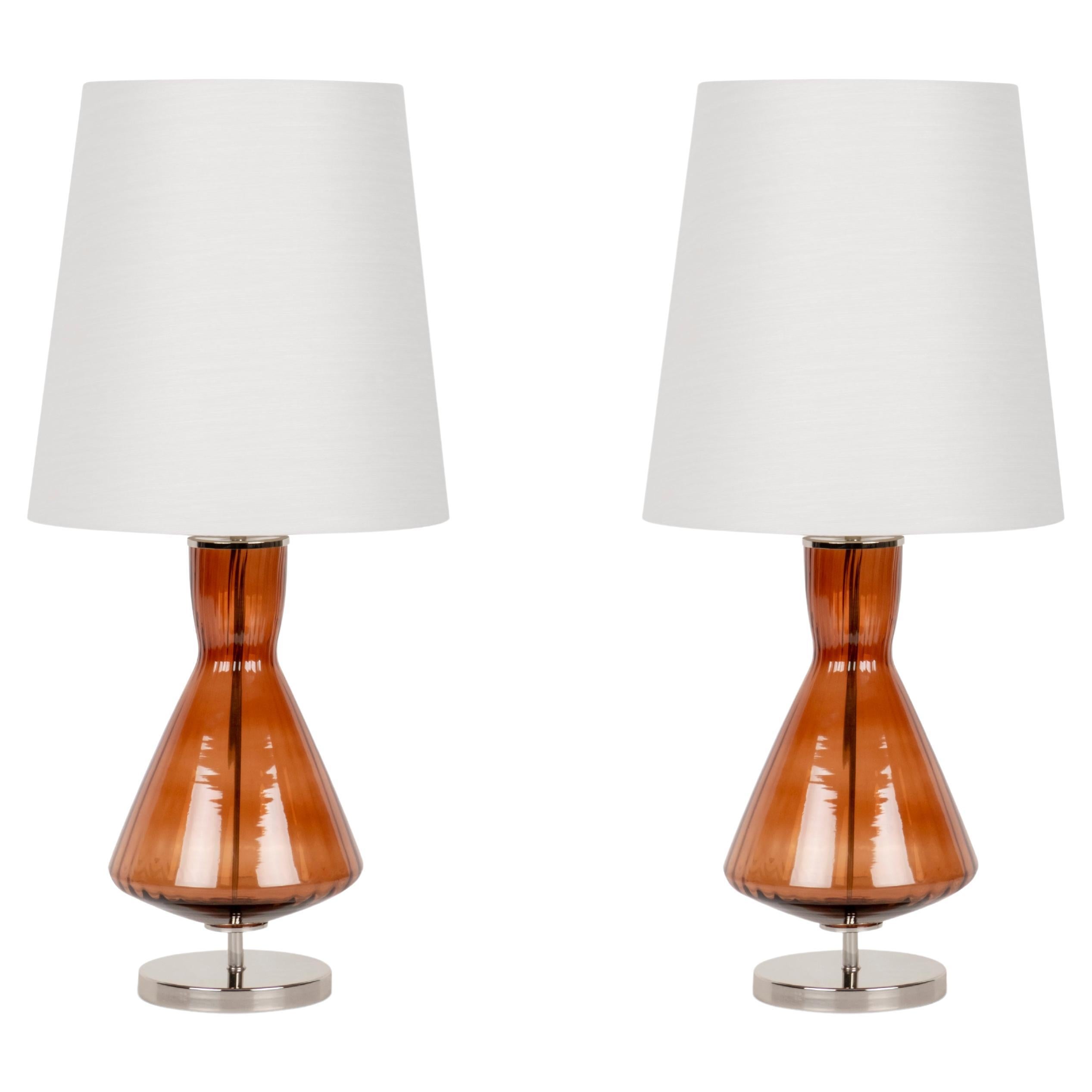 Set/2 lampade da tavolo moderne, base in vetro, paralume in seta, fatte a mano da Greenapple