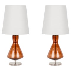 Set/2 Modern Table Lamps, Glass Base, Silk Lampshade, Handmade by Greenapple