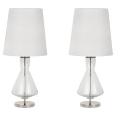 Set/2 Modern Table Lamps, Glass Base, Silk Lampshade, Handmade by Greenapple