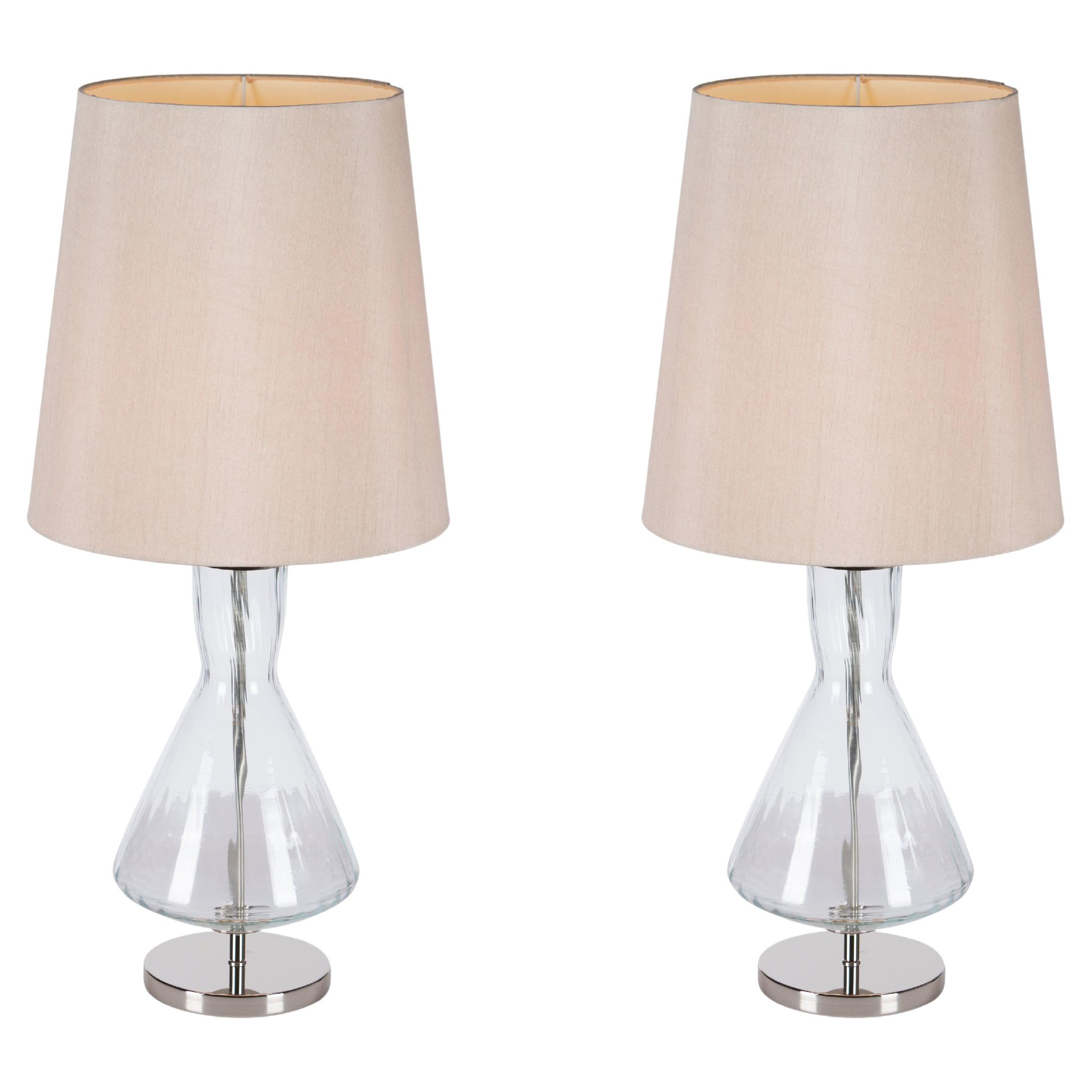 Set/2 Modern Table Lamps, Glass Base, Silk Lampshade, Handmade by Greenapple