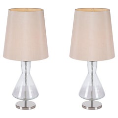 Set/2 Modern Table Lamps, Glass Base, Silk Lampshade, Handmade by Greenapple