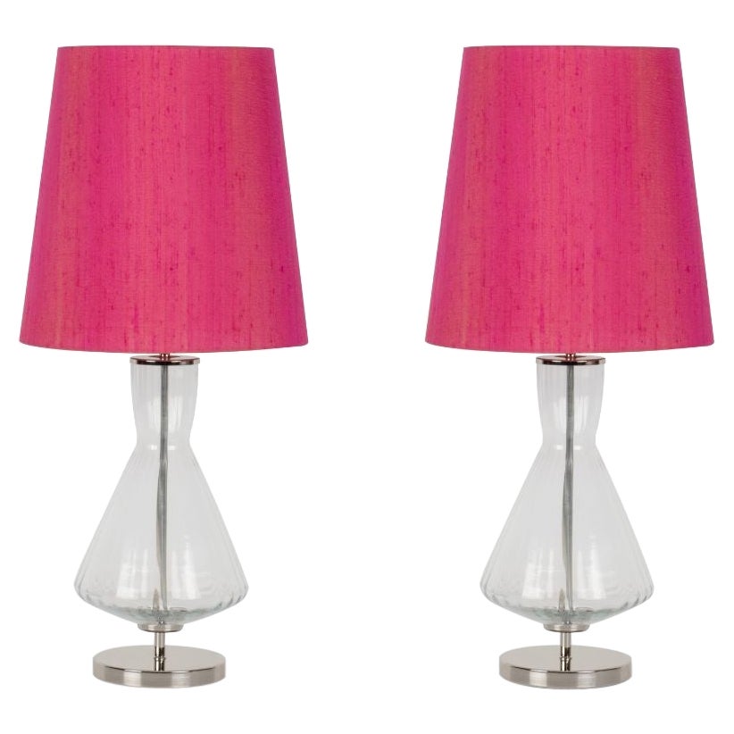 Set/2 Modern Table Lamps, Glass Base, Silk Lampshade, Handmade by Greenapple