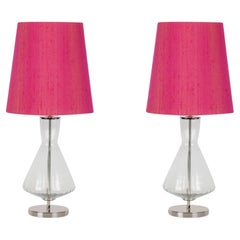 Set/2 Modern Table Lamps, Glass Base, Silk Lampshade, Handmade by Greenapple