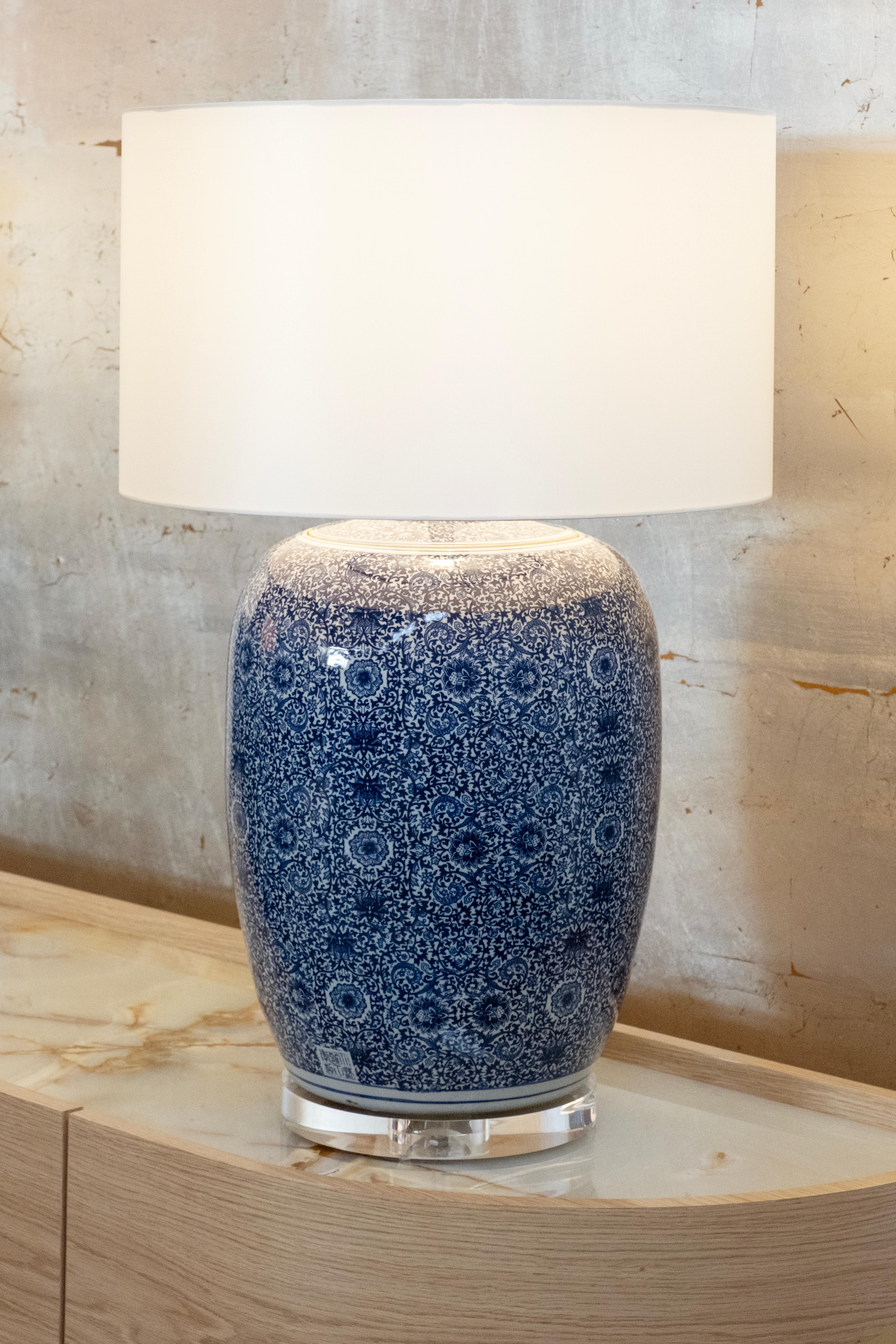 Portuguese Set/2 Modern Table Lamps, Porcelain Base, Satin Lampshade, Handmade Greenapple For Sale