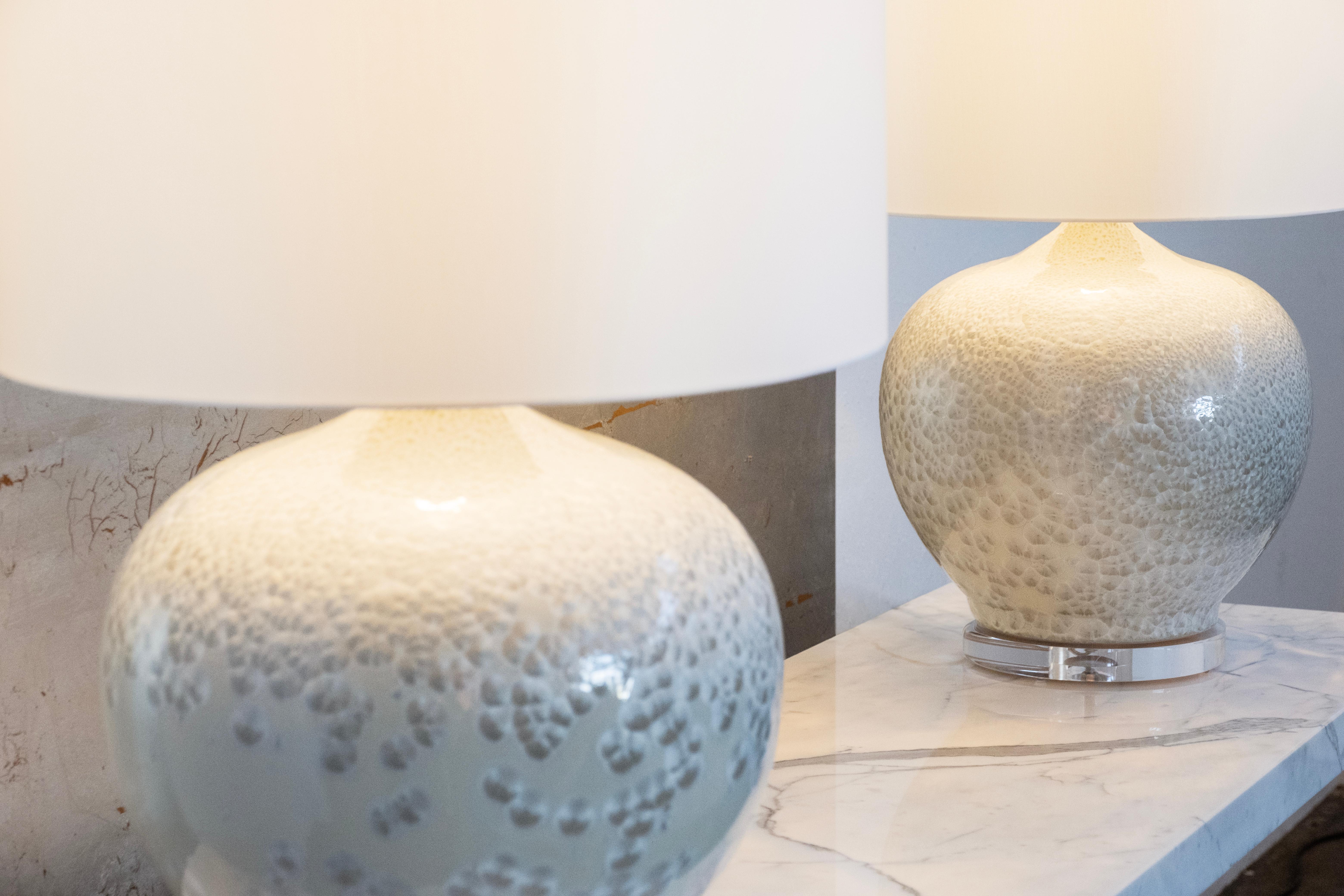 Set/2 Modern Table Lamps, Porcelain Base, Satin Lampshade, Handmade Greenapple For Sale 3