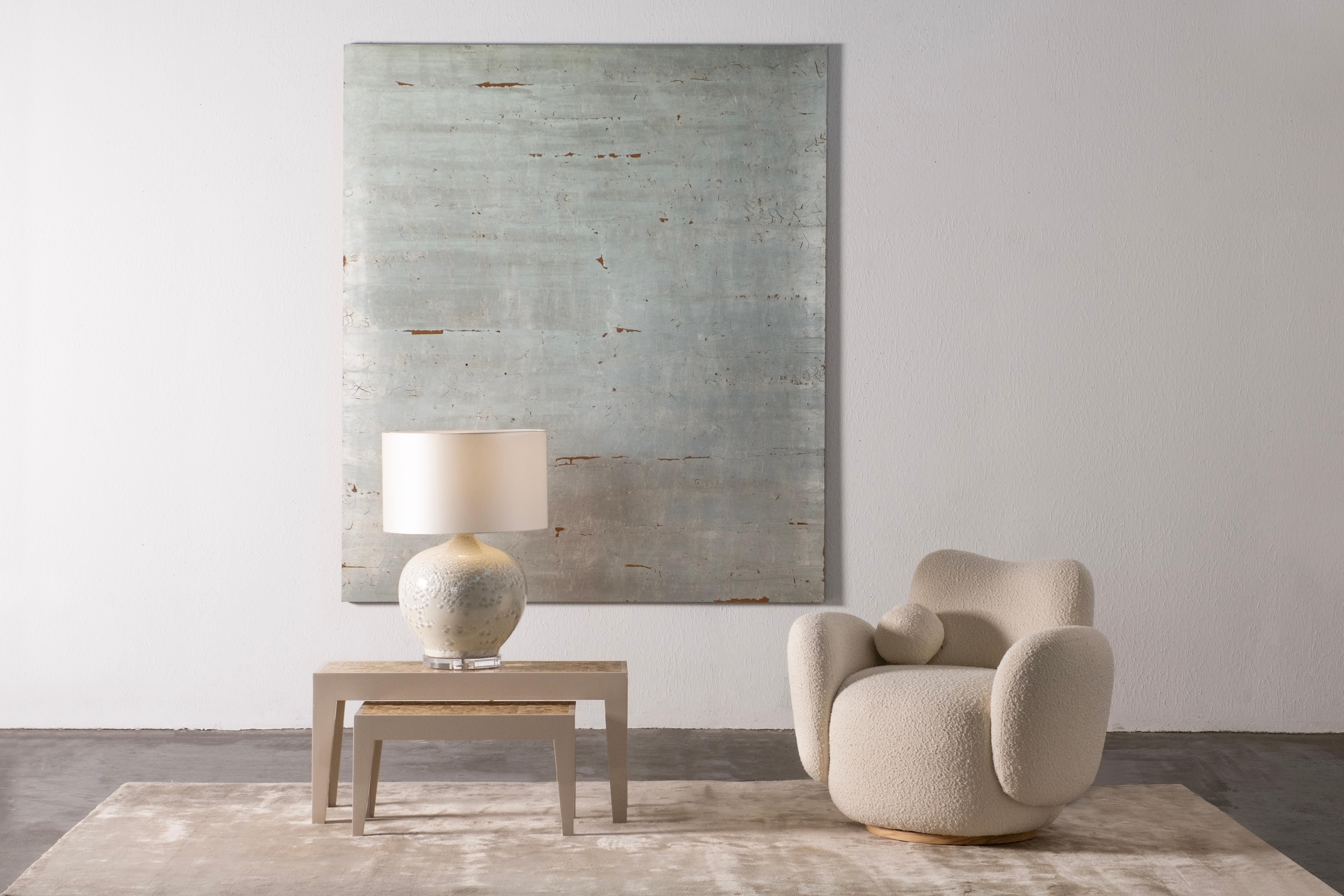 Set/2 Modern Table Lamps, Porcelain Base, Satin Lampshade, Handmade Greenapple For Sale 4