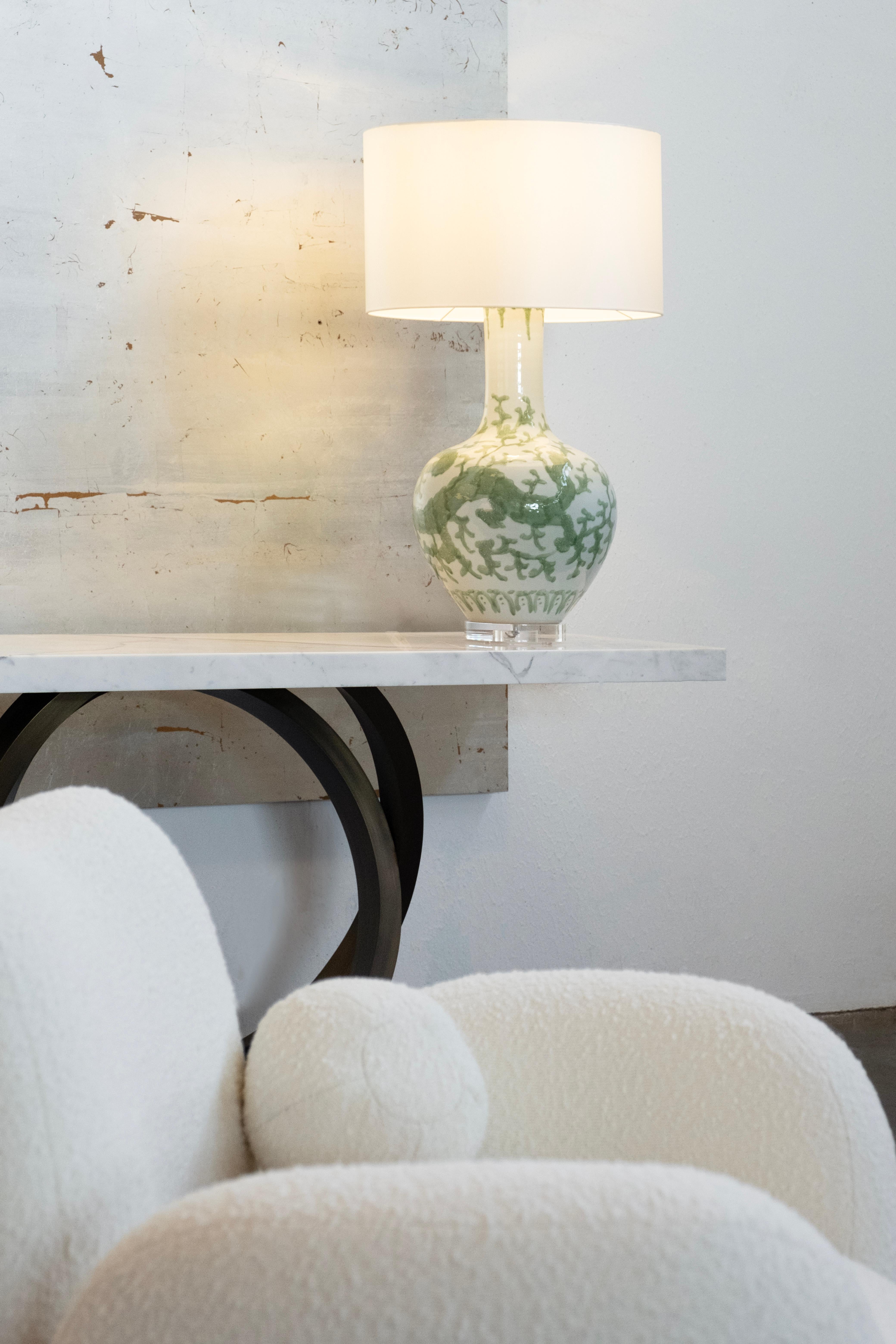 Set/2 Modern Table Lamps, Porcelain Base, Satin Lampshade, Handmade Greenapple For Sale 4