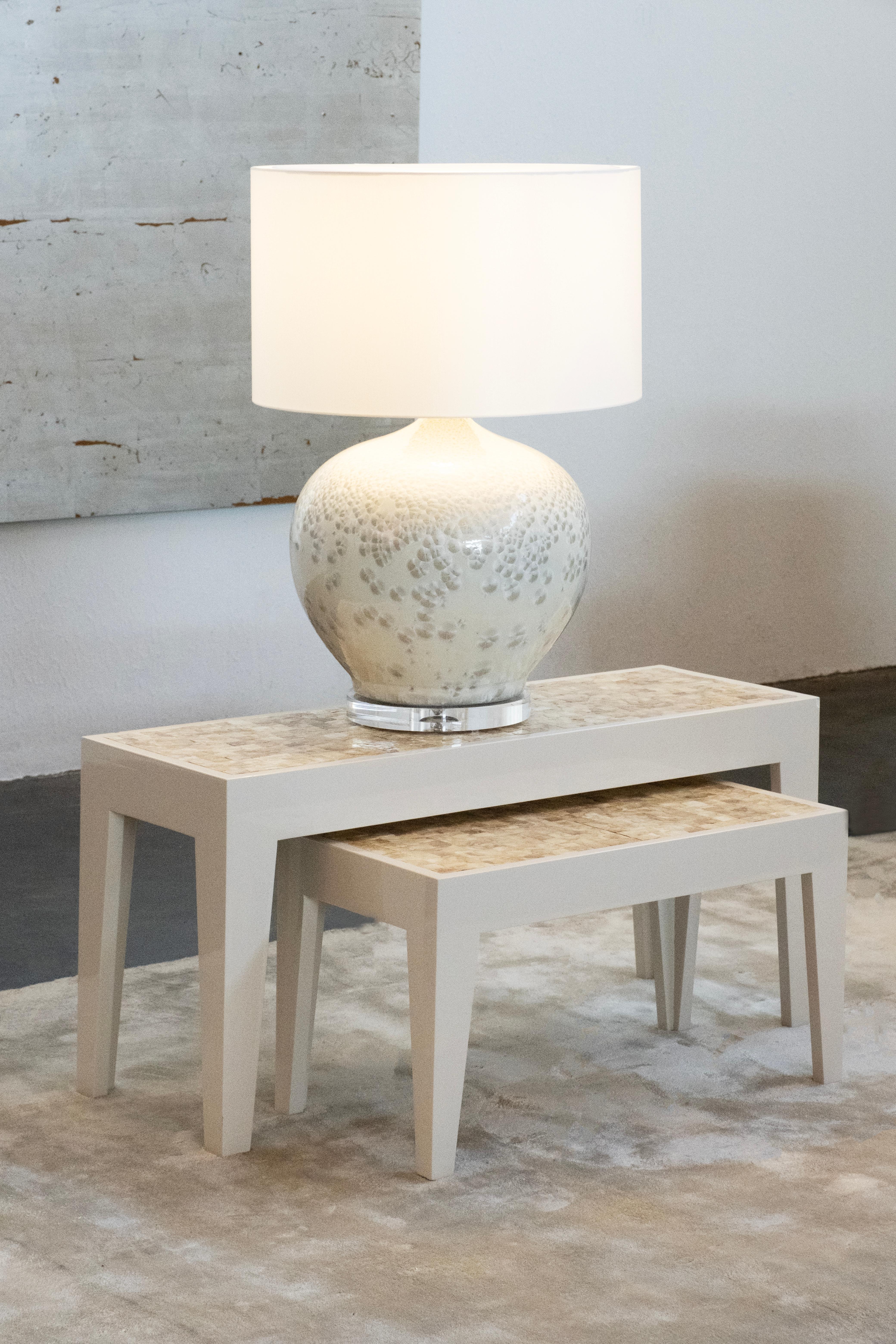 Set/2 Modern Table Lamps, Porcelain Base, Satin Lampshade, Handmade Greenapple For Sale 5