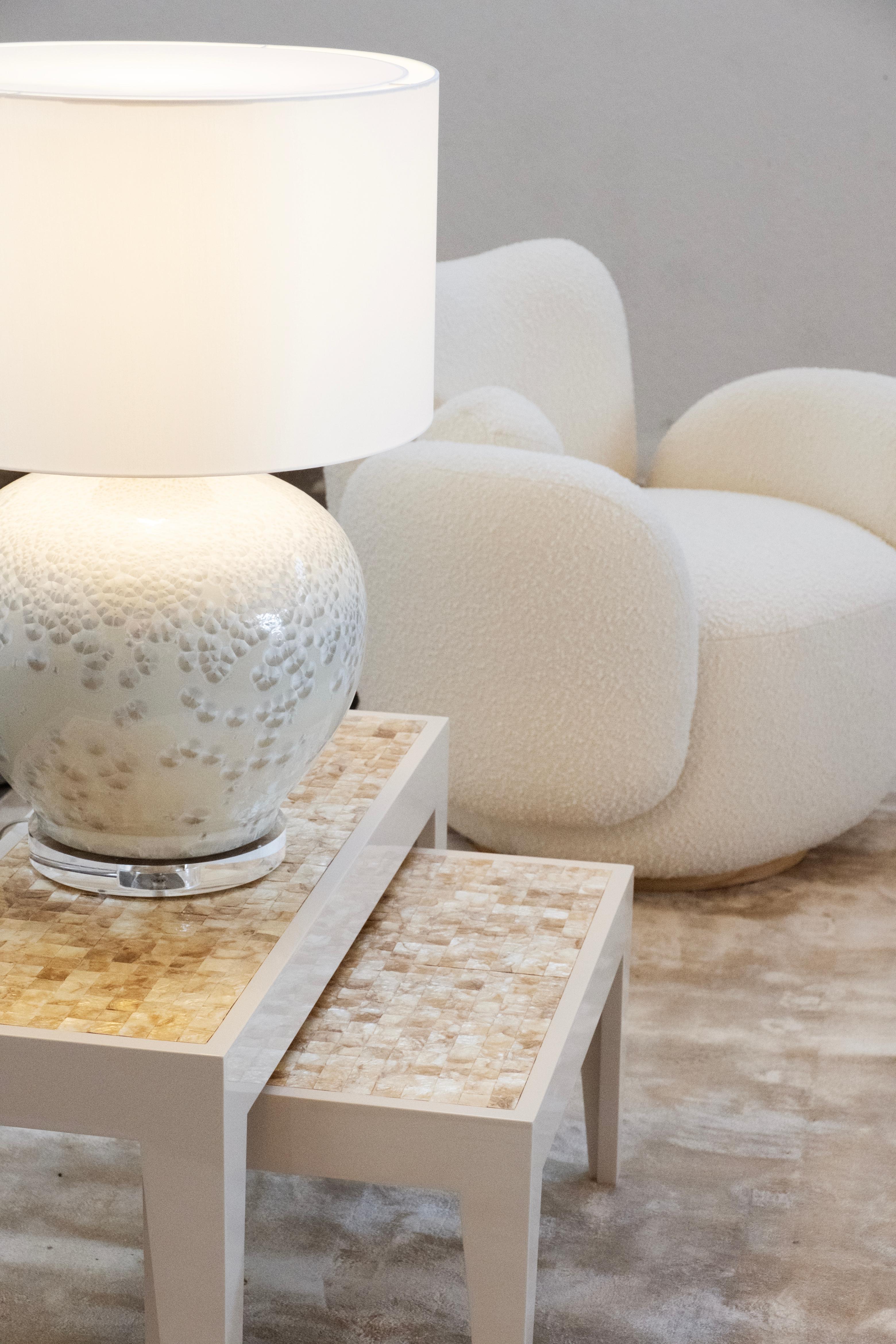 Set/2 Modern Table Lamps, Porcelain Base, Satin Lampshade, Handmade Greenapple For Sale 6