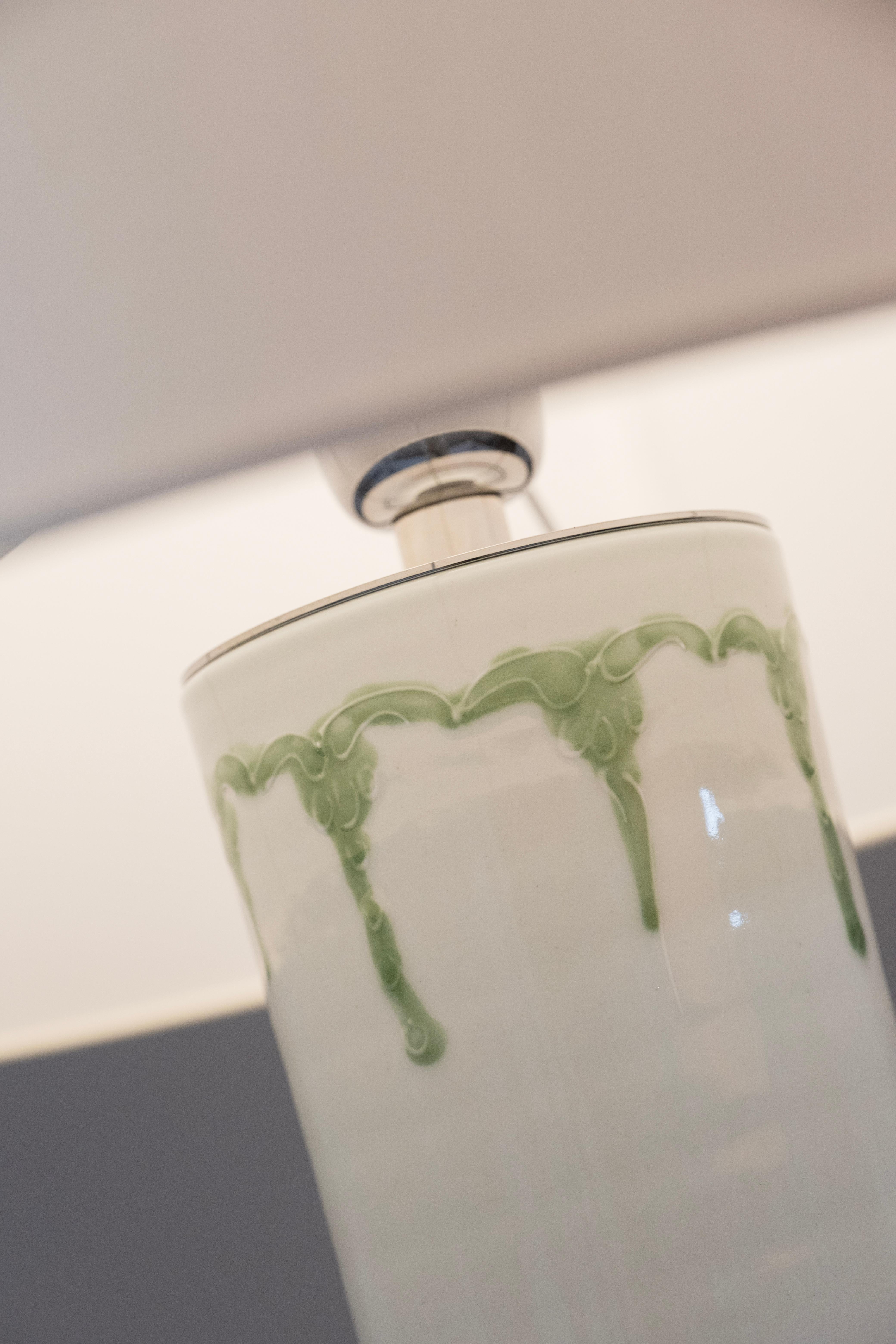 Set/2 Modern Table Lamps, Porcelain Base, Satin Lampshade, Handmade Greenapple For Sale 6