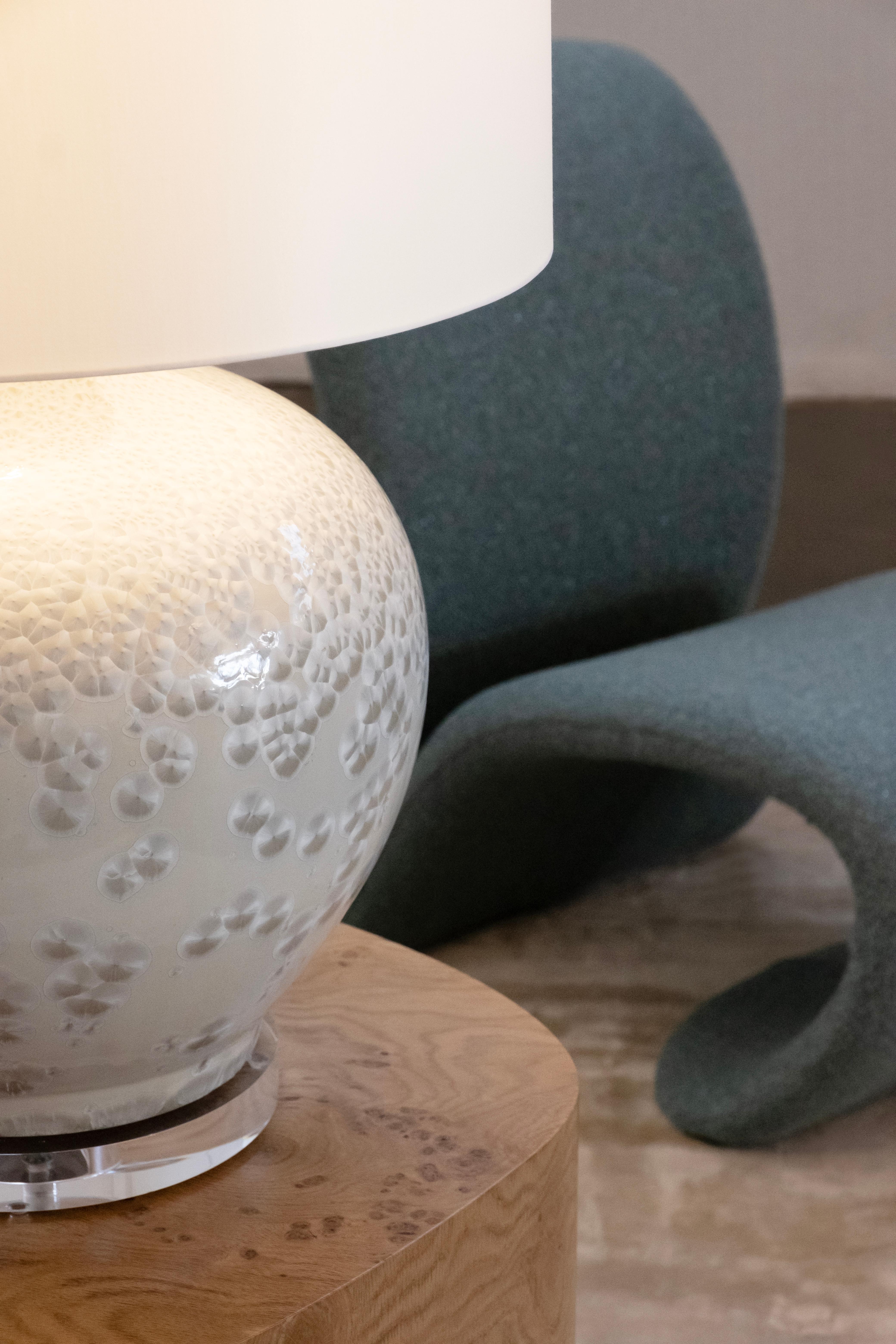 Set/2 Modern Table Lamps, Porcelain Base, Satin Lampshade, Handmade Greenapple For Sale 9