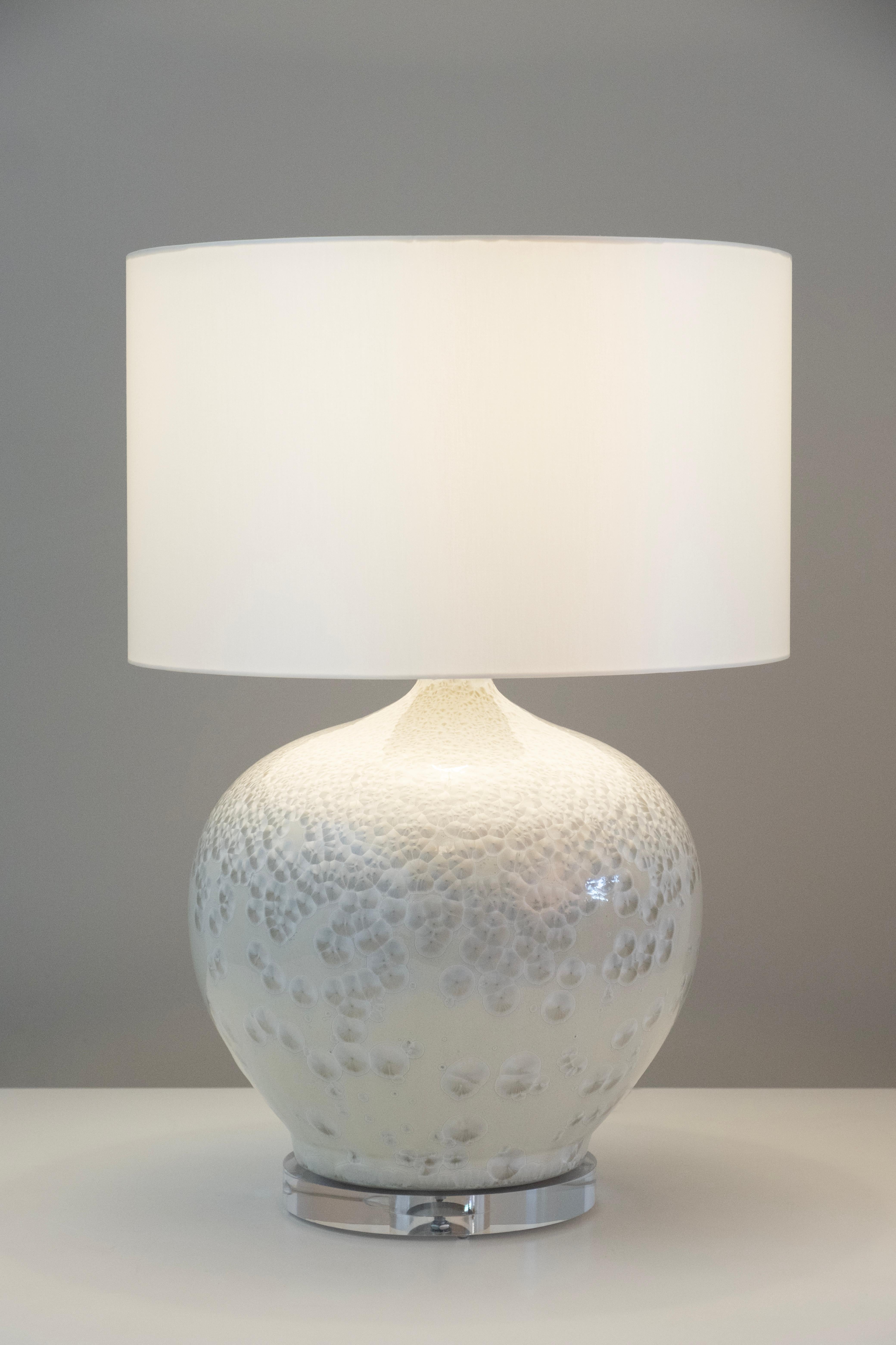 Hand-Crafted Set/2 Modern Table Lamps, Porcelain Base, Satin Lampshade, Handmade Greenapple For Sale