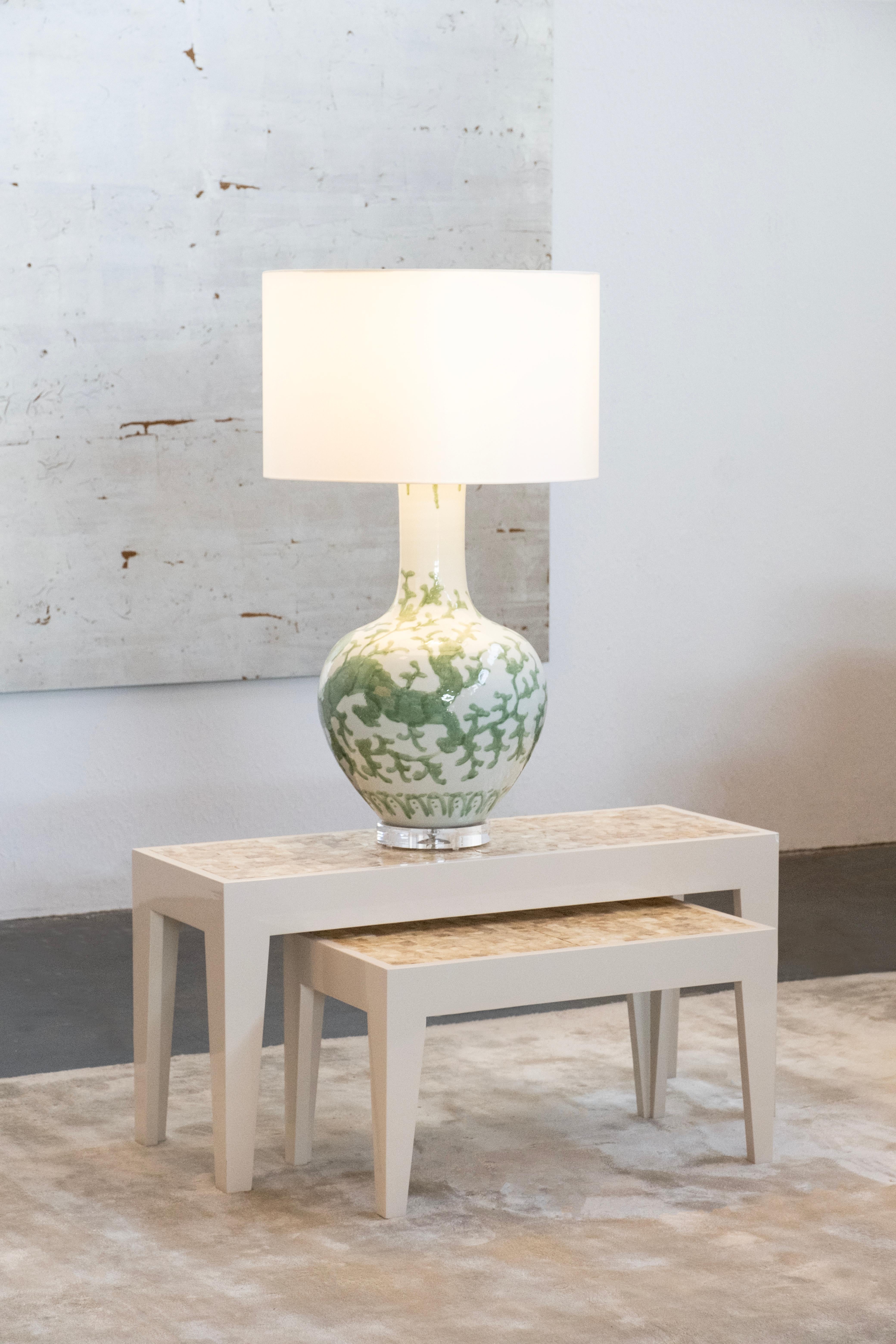 Hand-Crafted Set/2 Modern Table Lamps, Porcelain Base, Satin Lampshade, Handmade Greenapple For Sale
