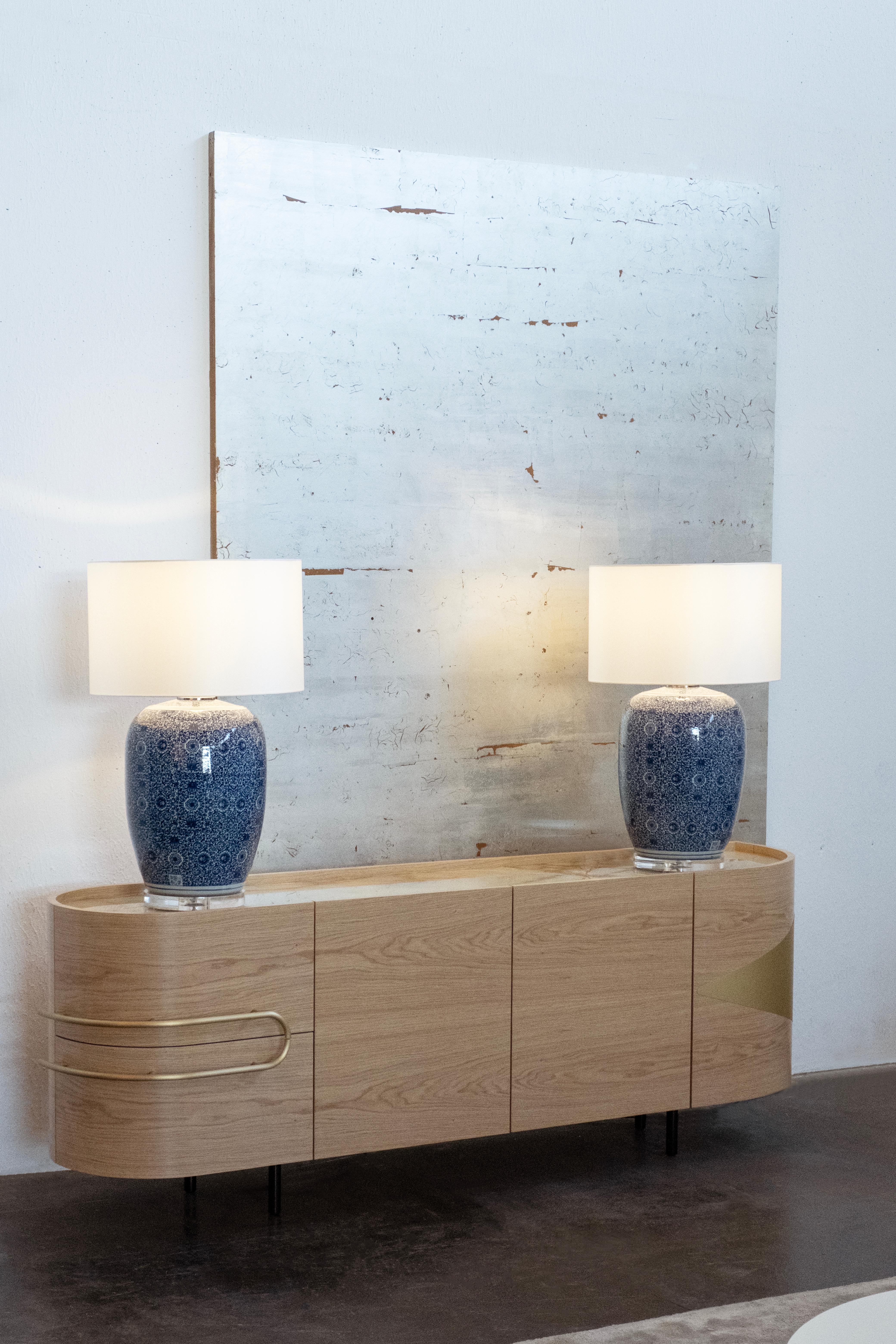 Contemporary Set/2 Modern Table Lamps, Porcelain Base, Satin Lampshade, Handmade Greenapple For Sale