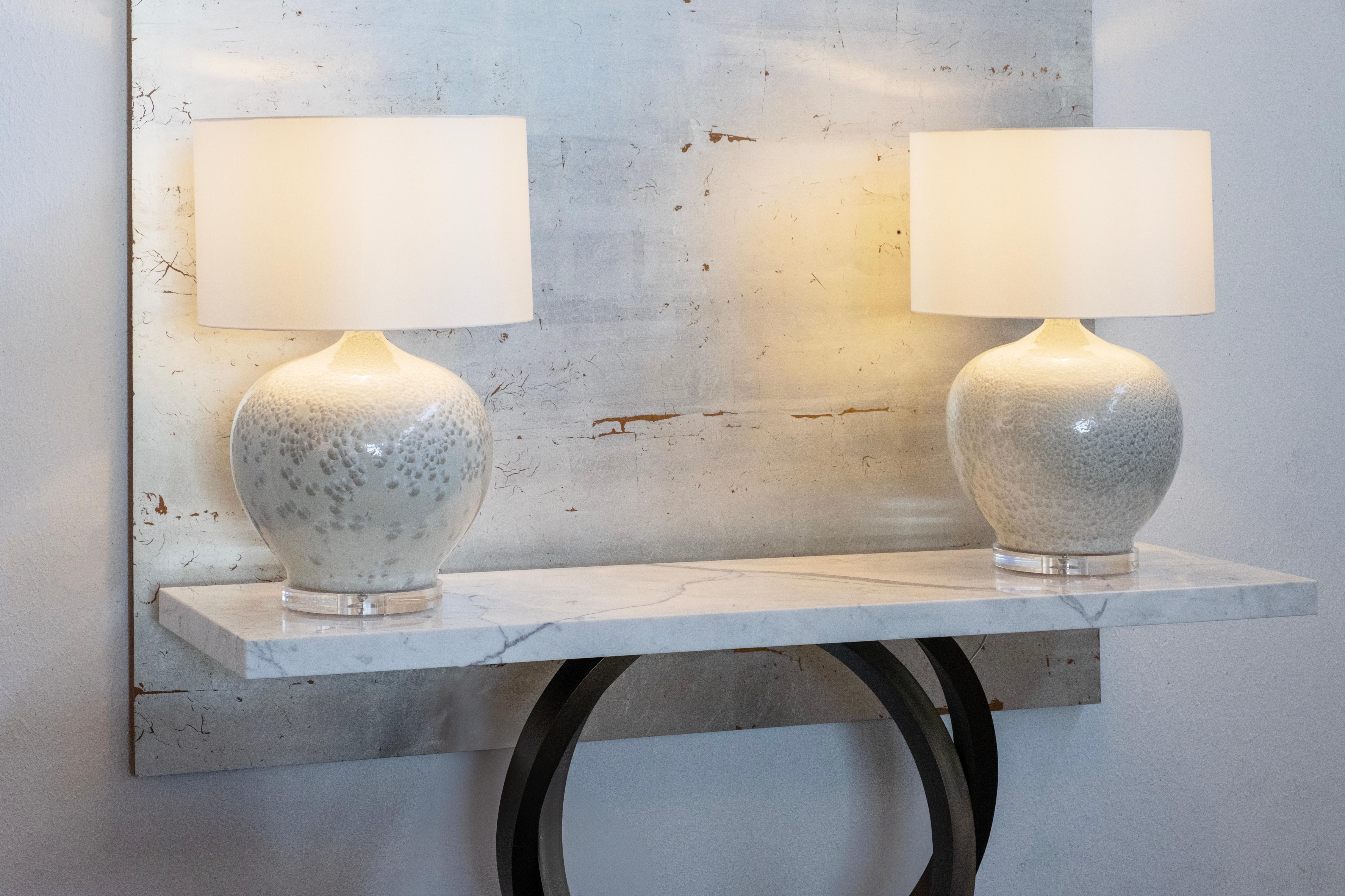 Set/2 Modern Table Lamps, Porcelain Base, Satin Lampshade, Handcrafted in Portugal - Europe by Lusitanus Home.

This is an elegant table lamp and an attractive addition to a modern home. The clear acrylic base paired with the handmade and hand