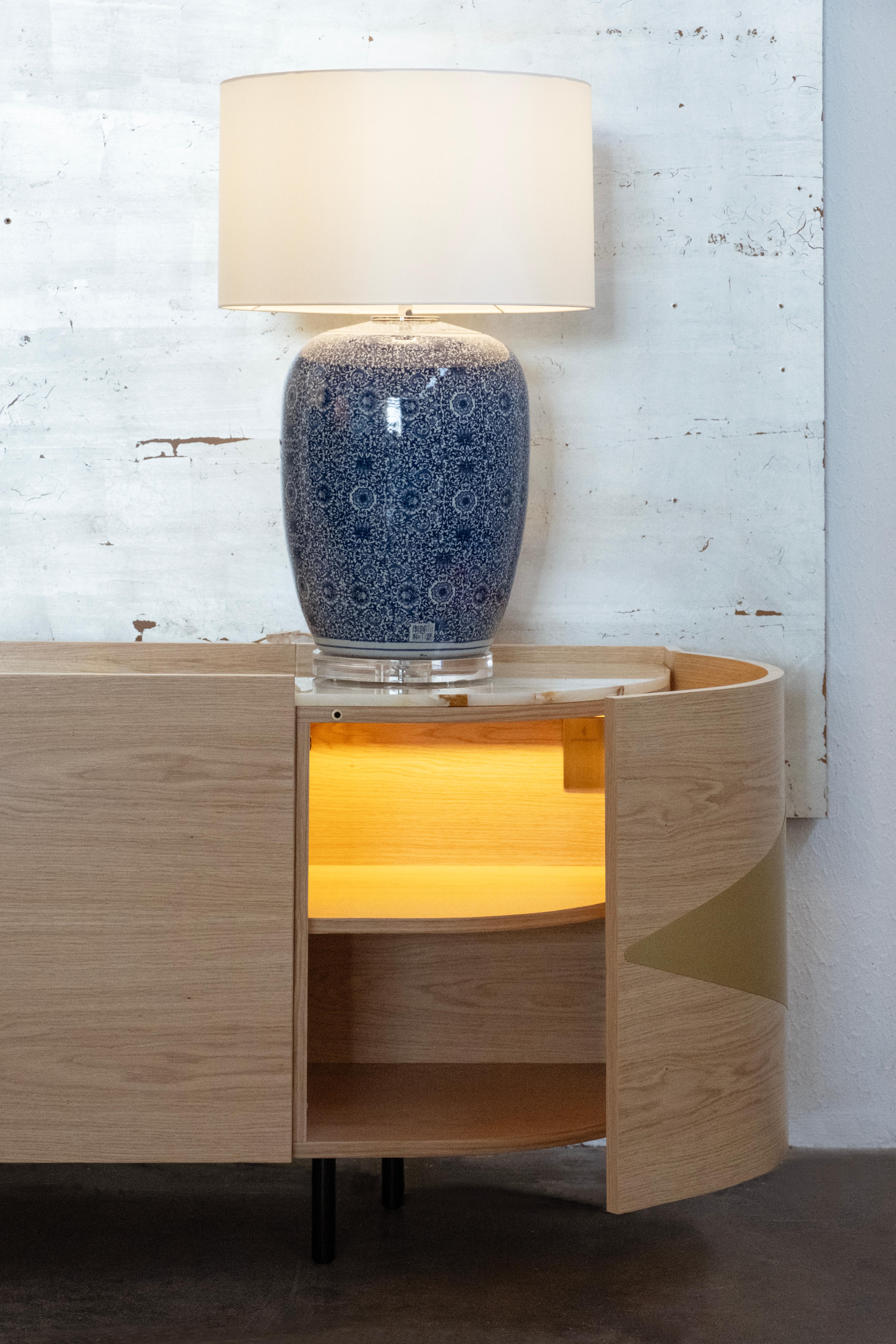 Set/2 Modern Table Lamps, Porcelain Base, Satin Lampshade, Handmade Greenapple For Sale 1
