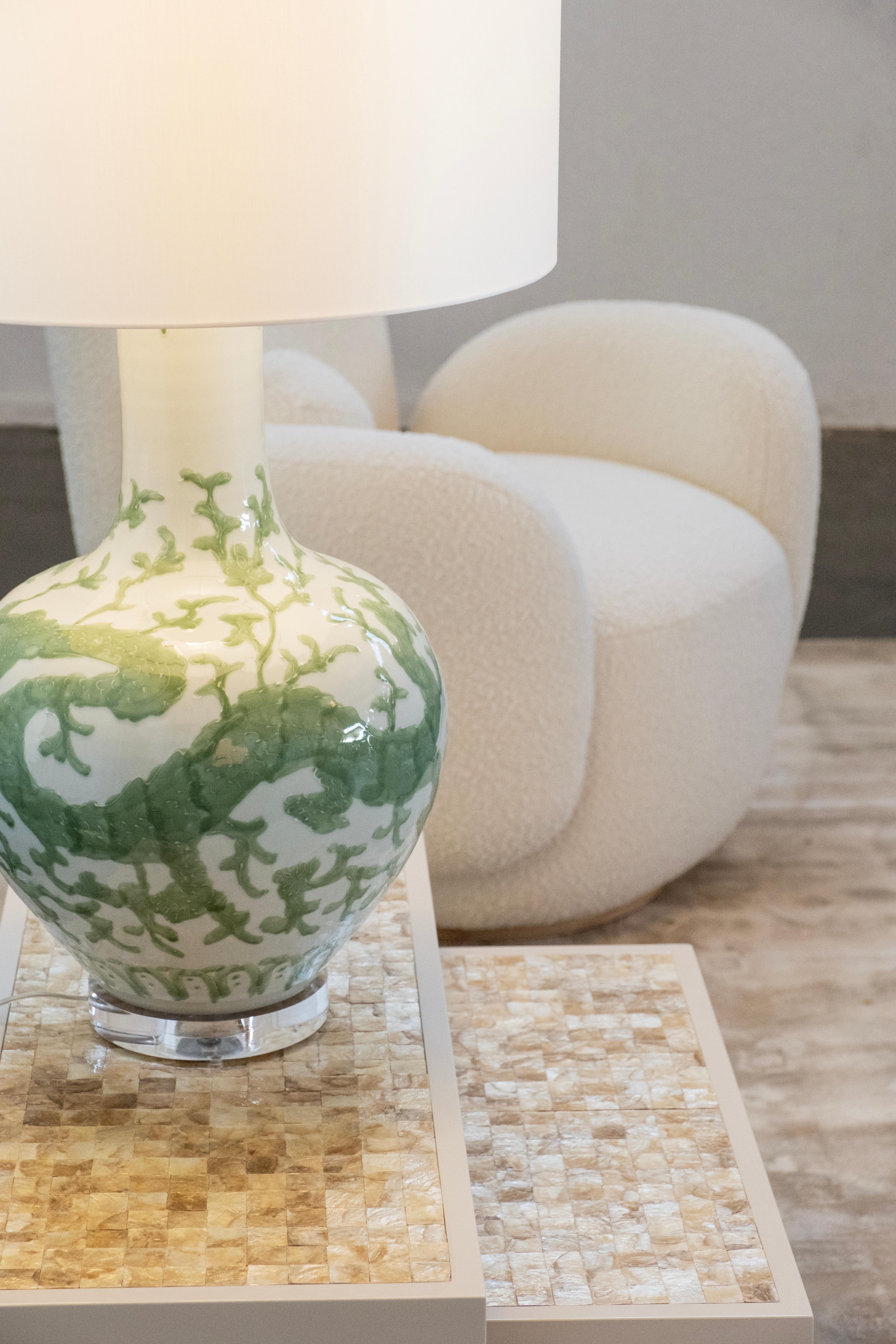 Set/2 Modern Table Lamps, Porcelain Base, Satin Lampshade, Handmade Greenapple For Sale 1