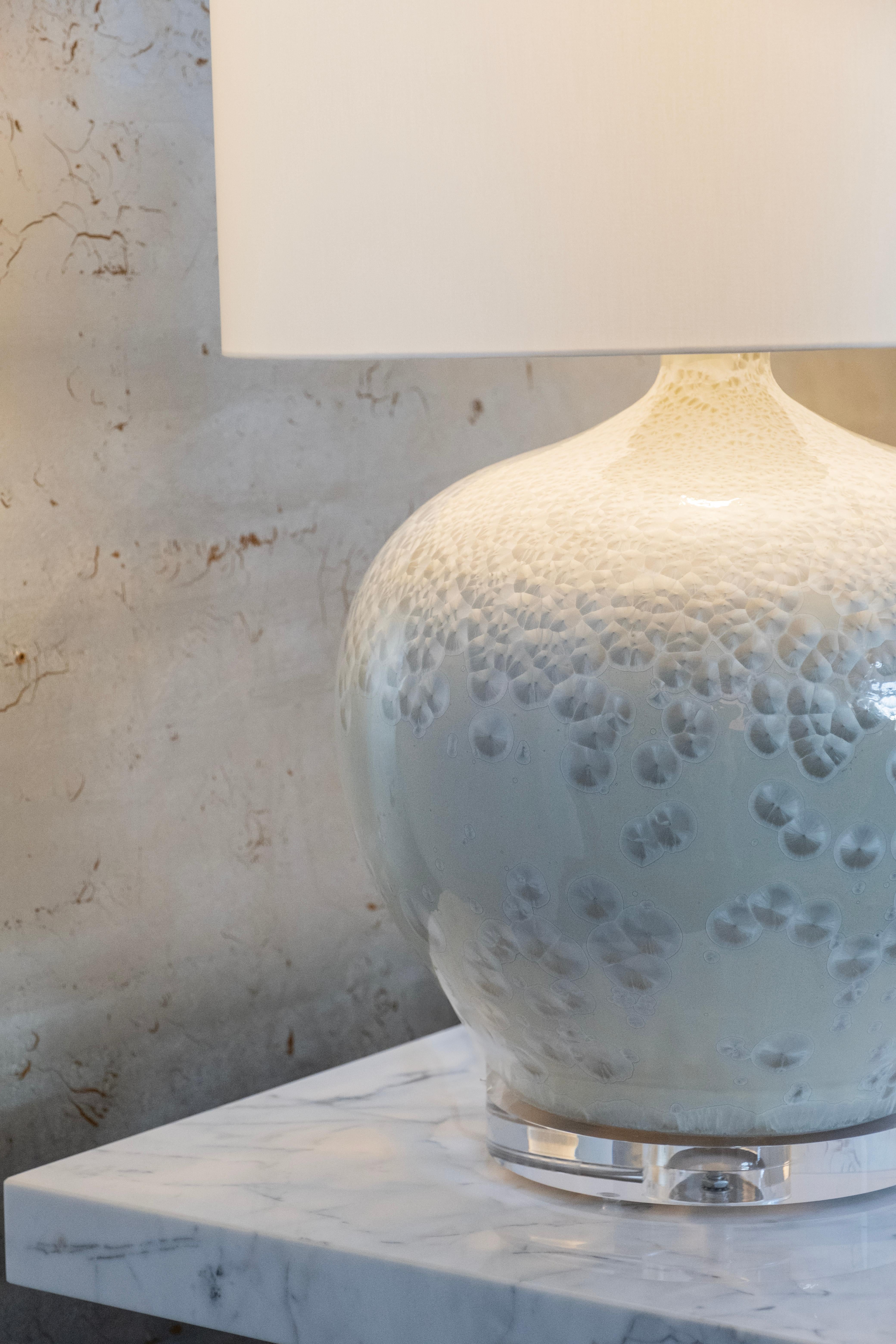 Set/2 Modern Table Lamps, Porcelain Base, Satin Lampshade, Handmade Greenapple For Sale 2